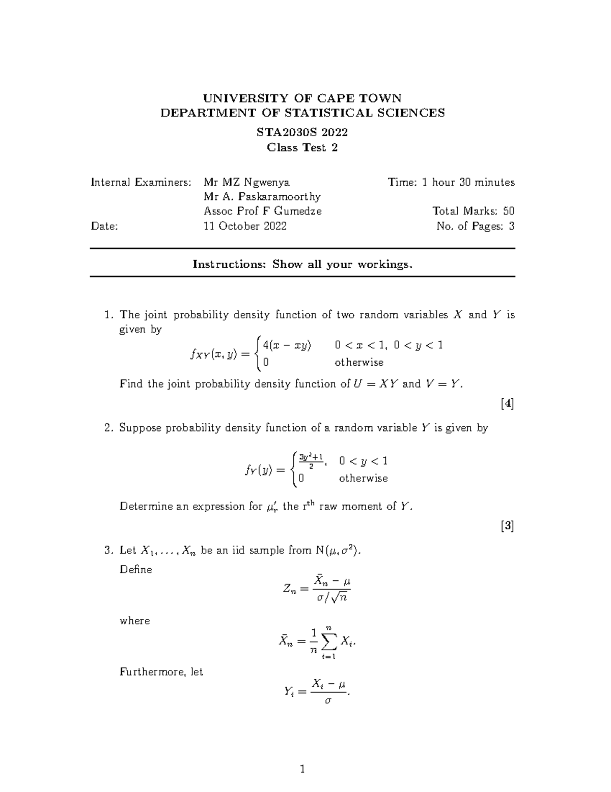 STA2030S 2022 Test 2 - TEST 2 - UNIVERSITY OF CAPE TOWN DEPARTMENT OF ...