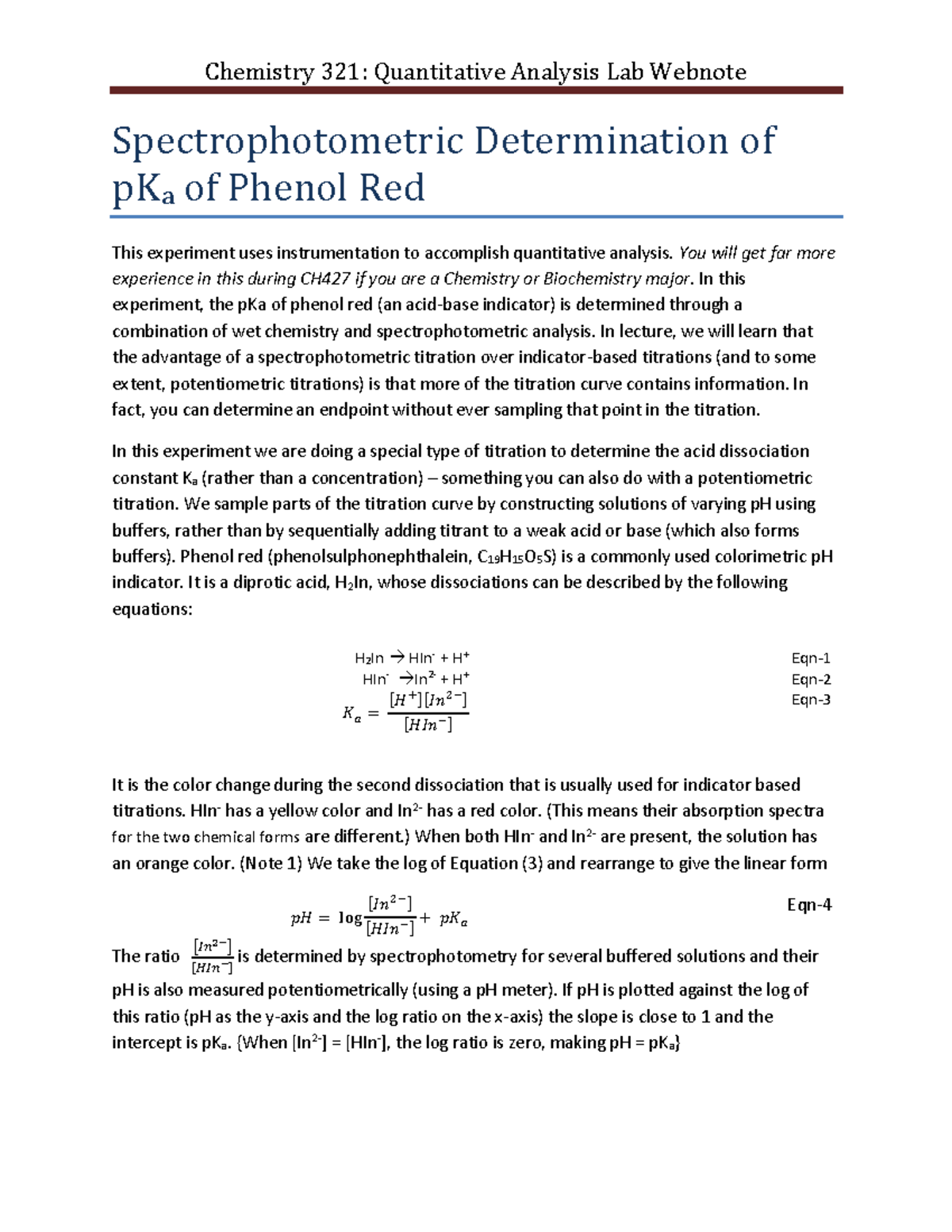Spectrophotometric Determination of p Ka of phenol red Chemistry 321