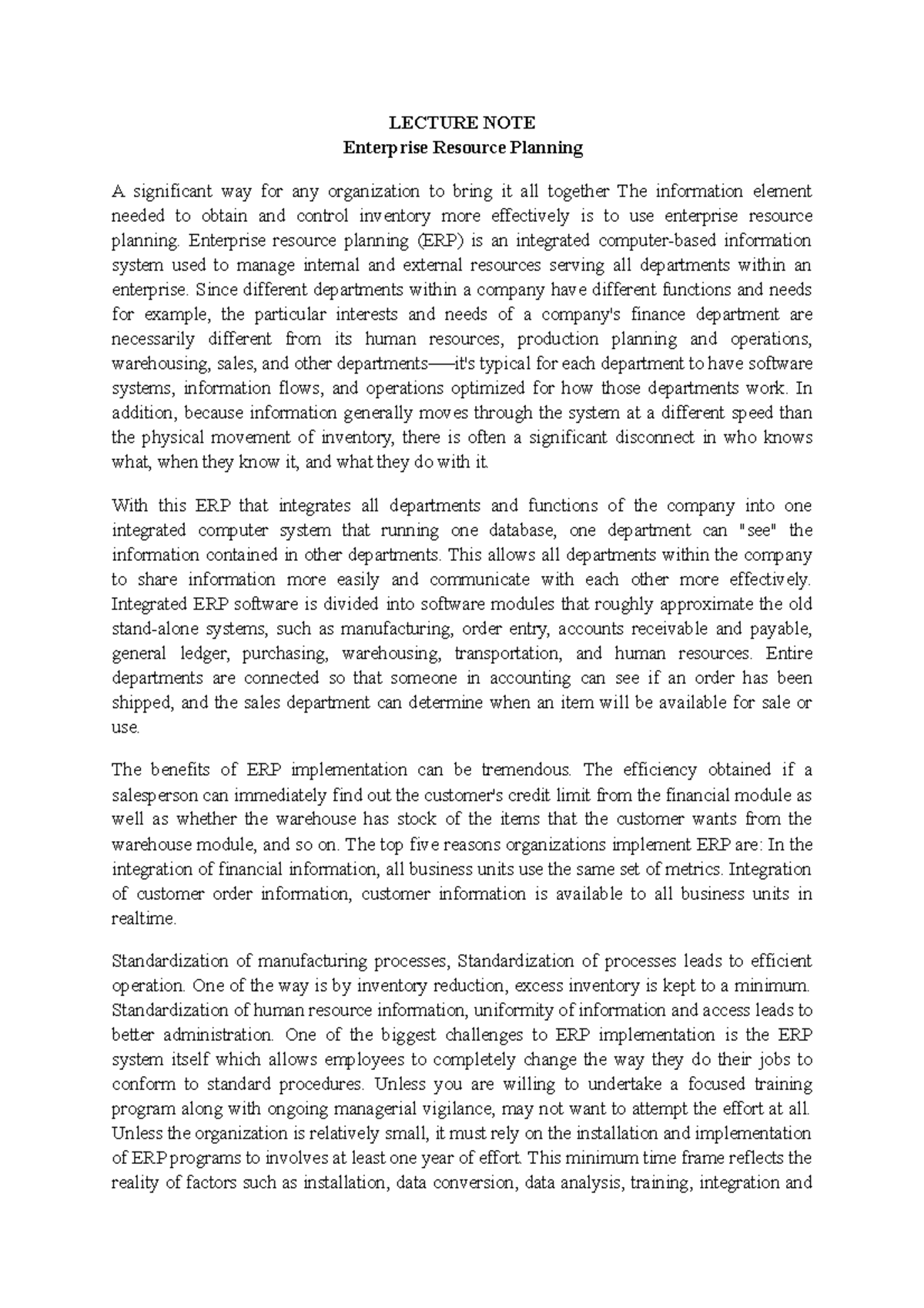 Enterprise Resource Planning - LECTURE NOTE Enterprise Resource ...
