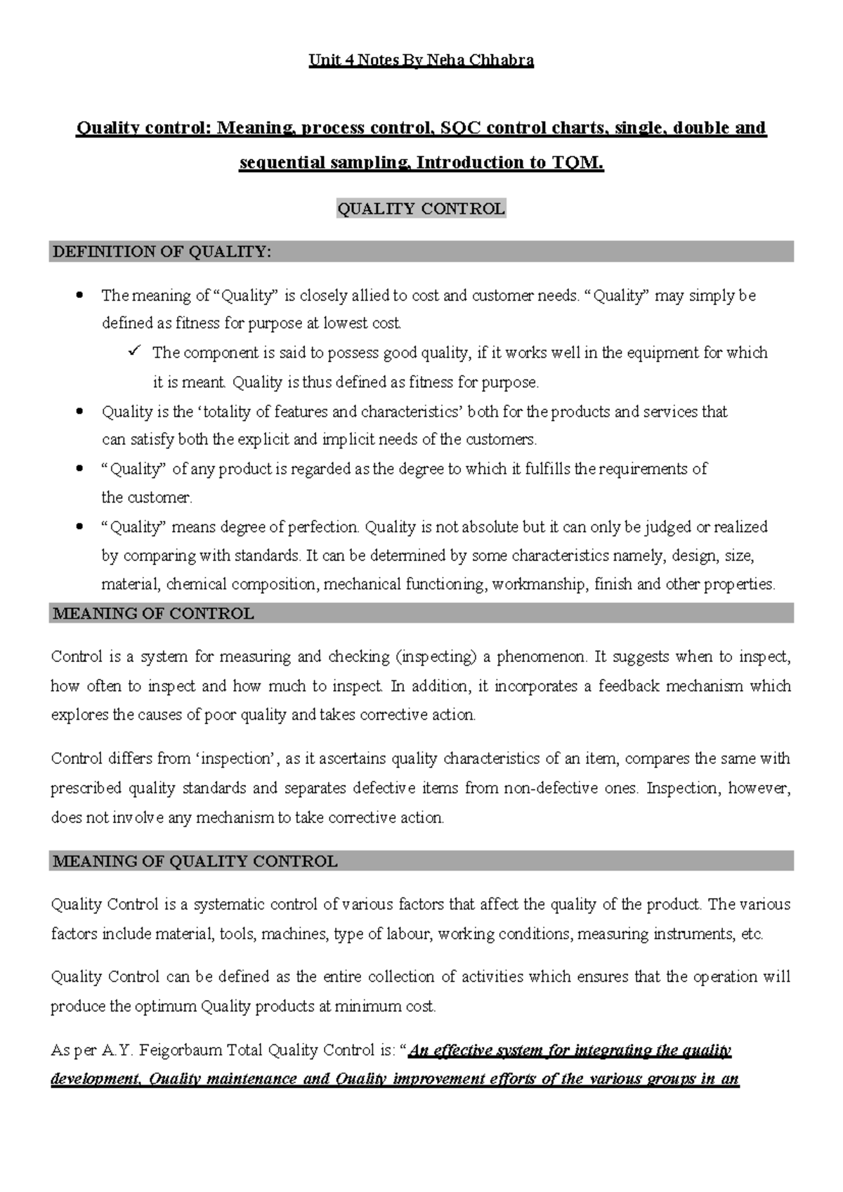 265963642 Unit 4 Quality Control - Unit 4 Notes By Neha Chhabra Quality ...