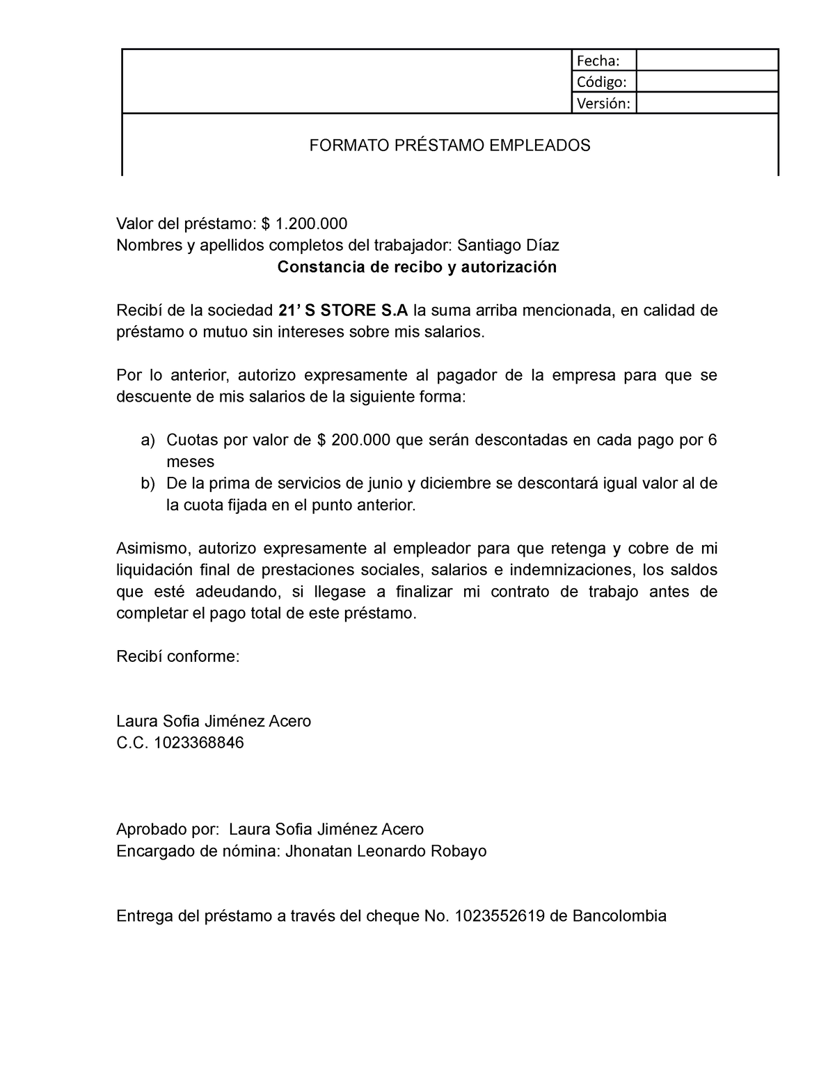 433439201 Formato De Prestamo Empleados - Fecha: Código: Versión ...