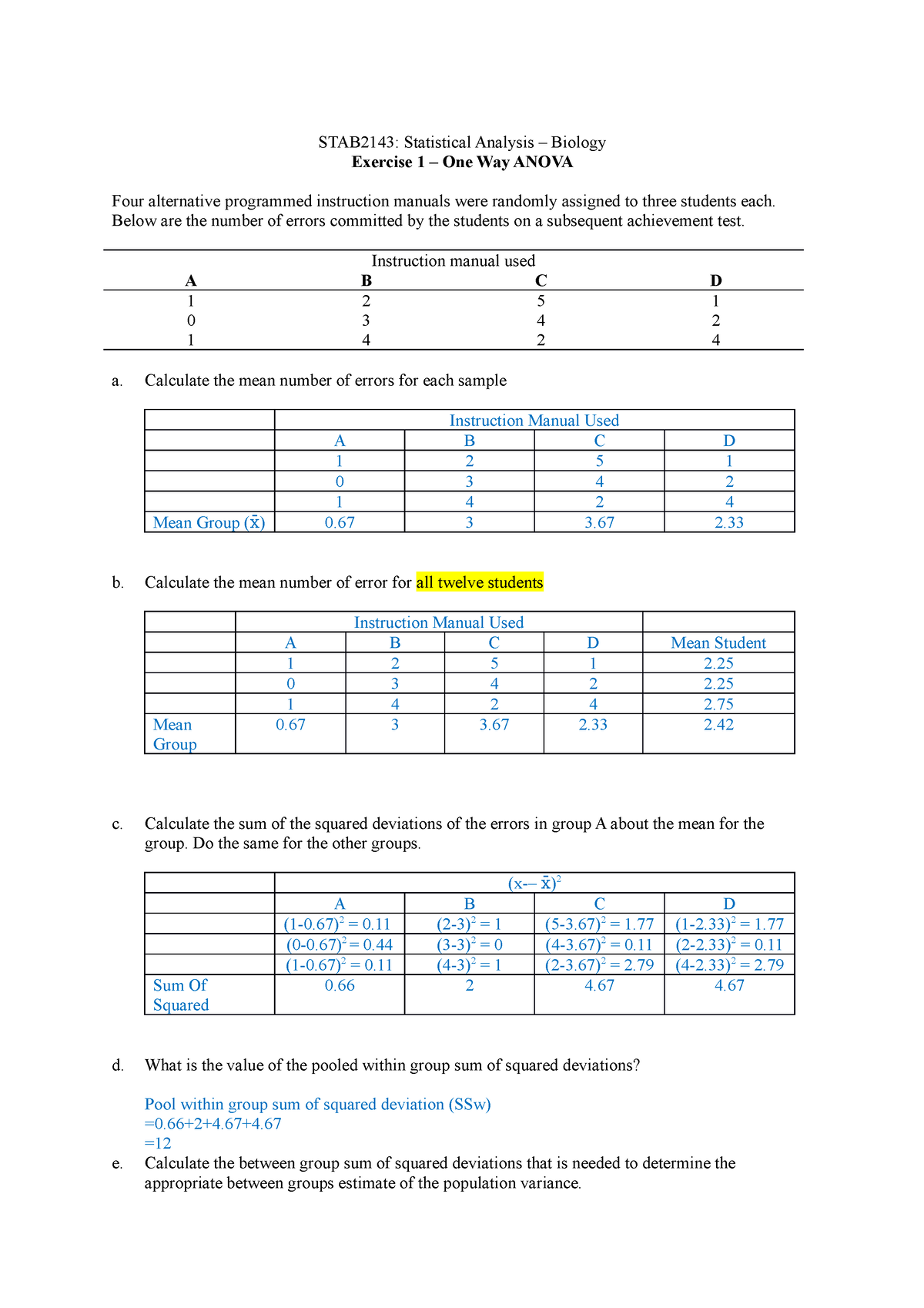 One Way Anova Exercise - STAB2143: Statistical Analysis – Biology ...