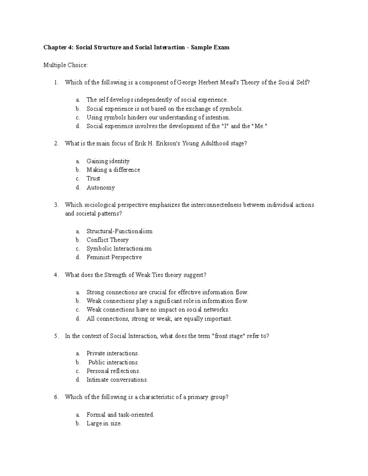 Chapter 4 Sample Exam - Chapter 4: Social Structure And Social ...