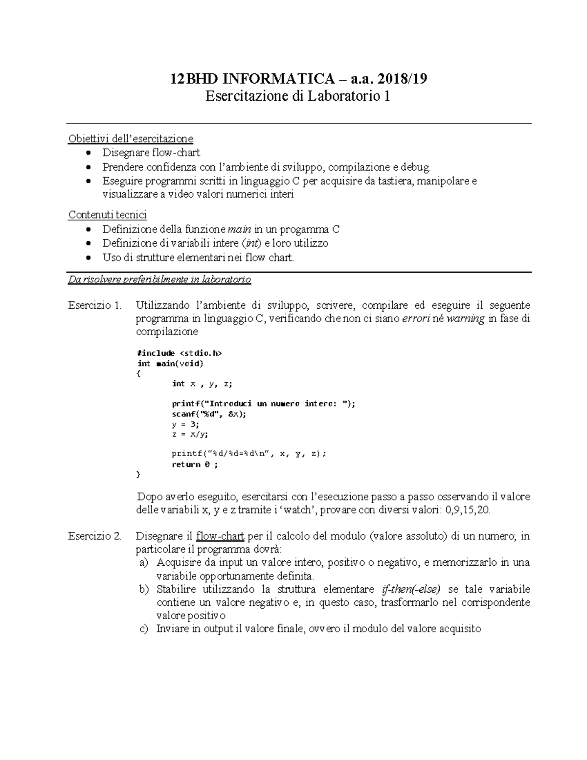 1819 Lab 01 Obiettivi Dellesercitazione Disegnare Flow