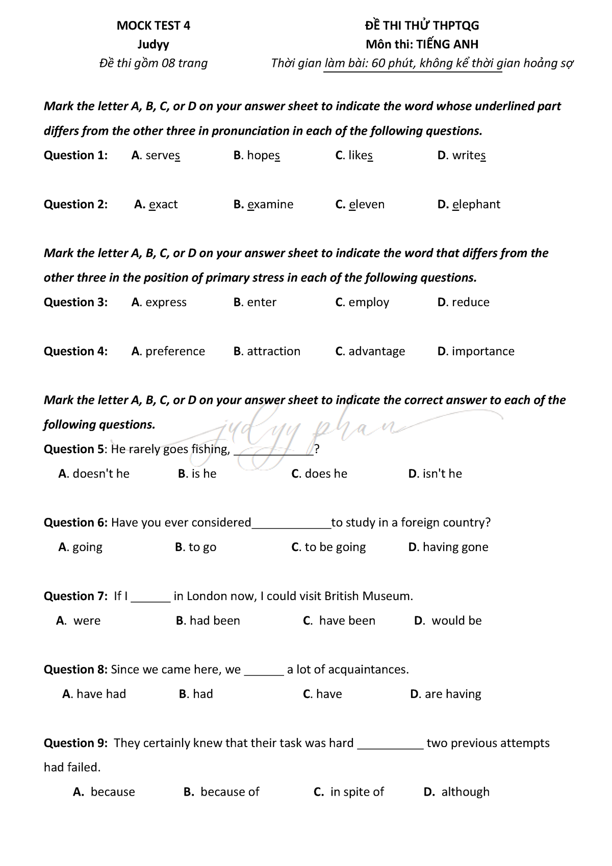 Mock Test 4 - jdp - Mark the letter A, B, C, or D on your answer sheet ...