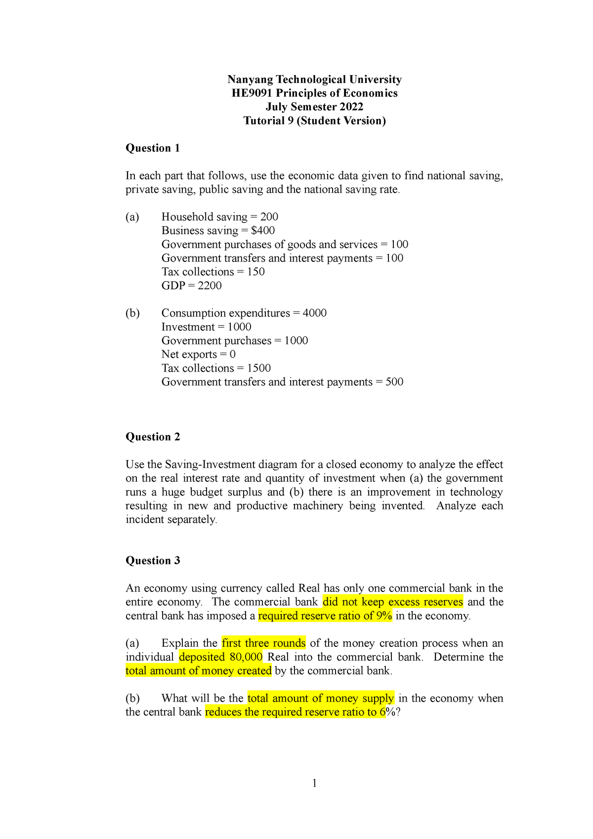 HE5091 Tutorial 9 - Nanyang Technological University HE9091 Principles ...