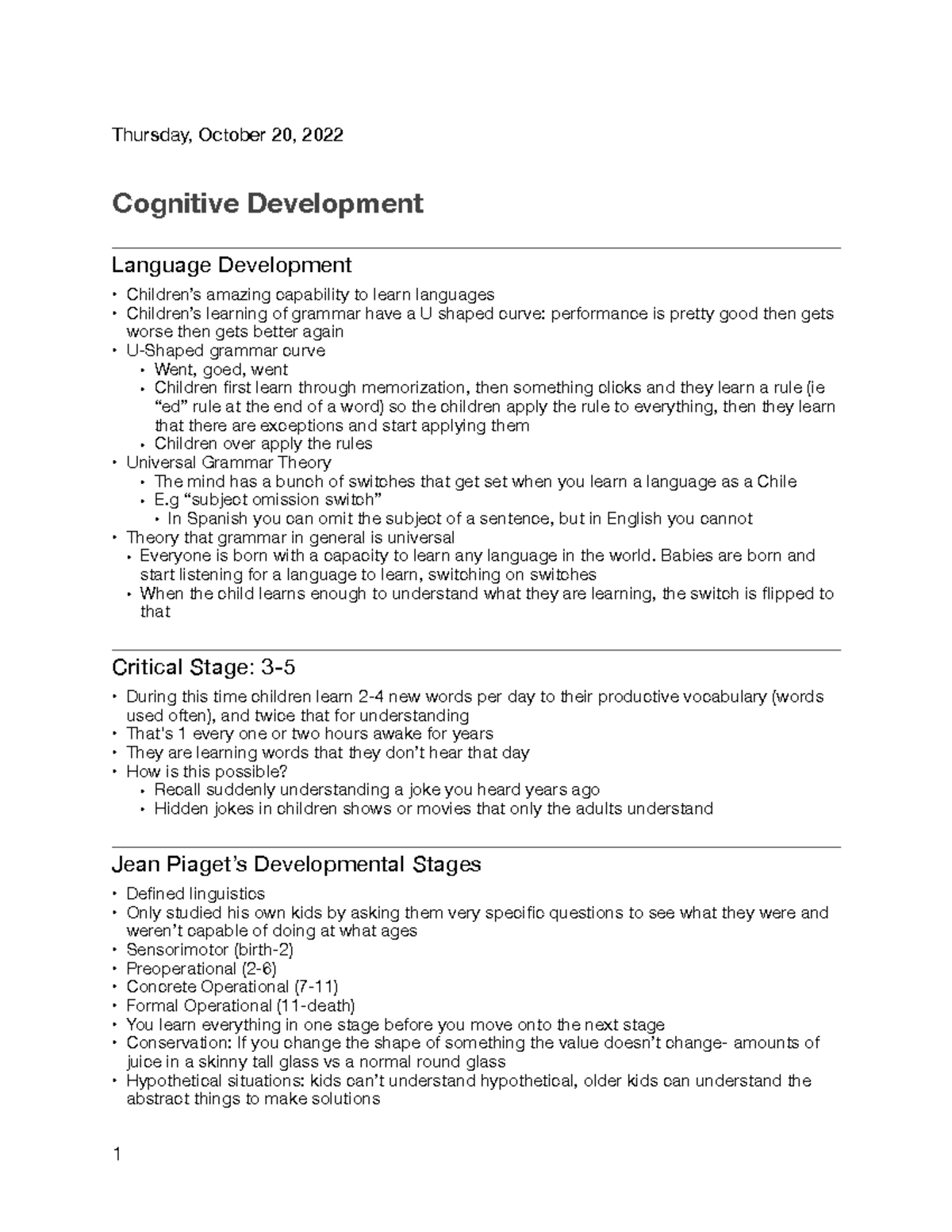 CGSC 1001- Cognitive Development - Thursday, October 20, 2022 Cognitive ...