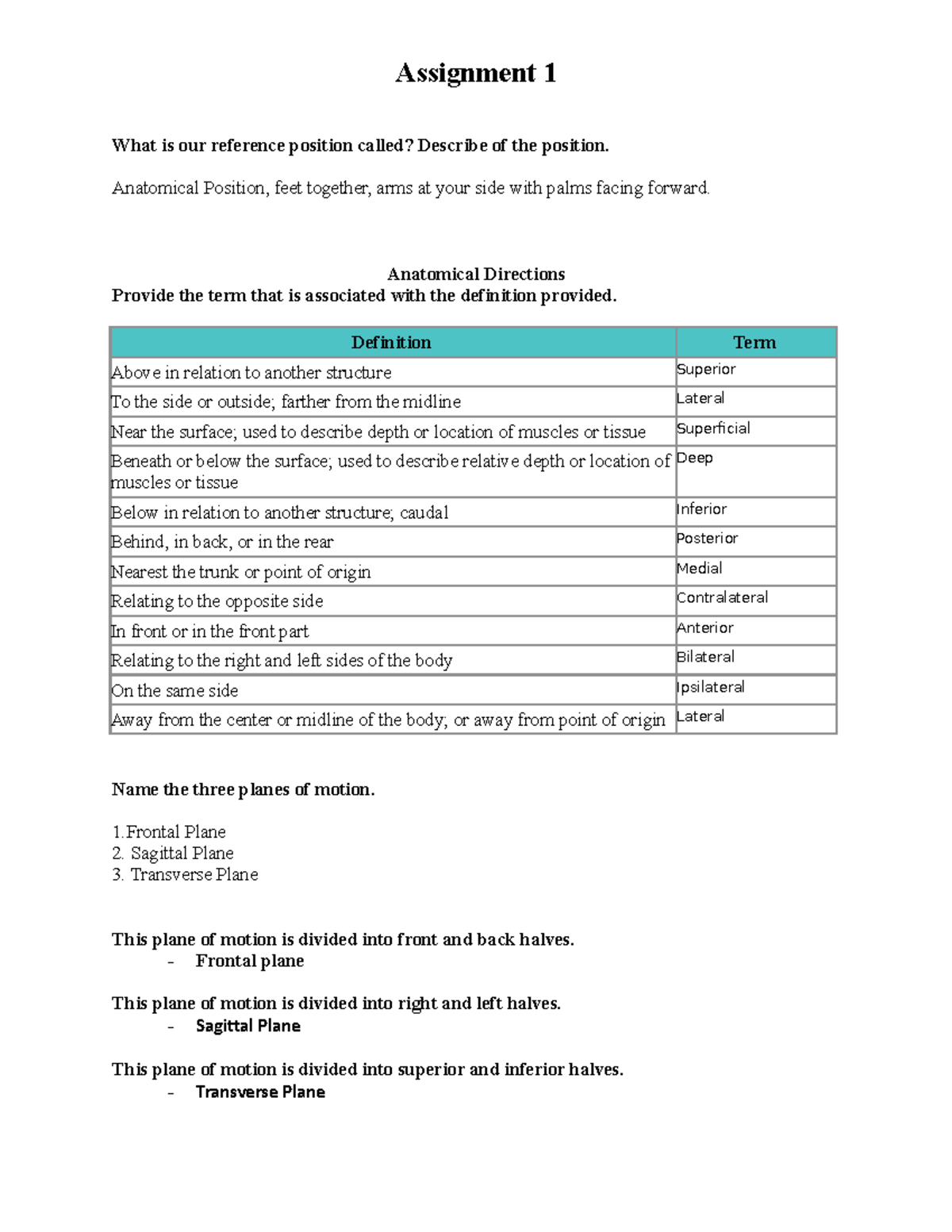 Assignment 1 - What is our reference position called? Describe of the ...
