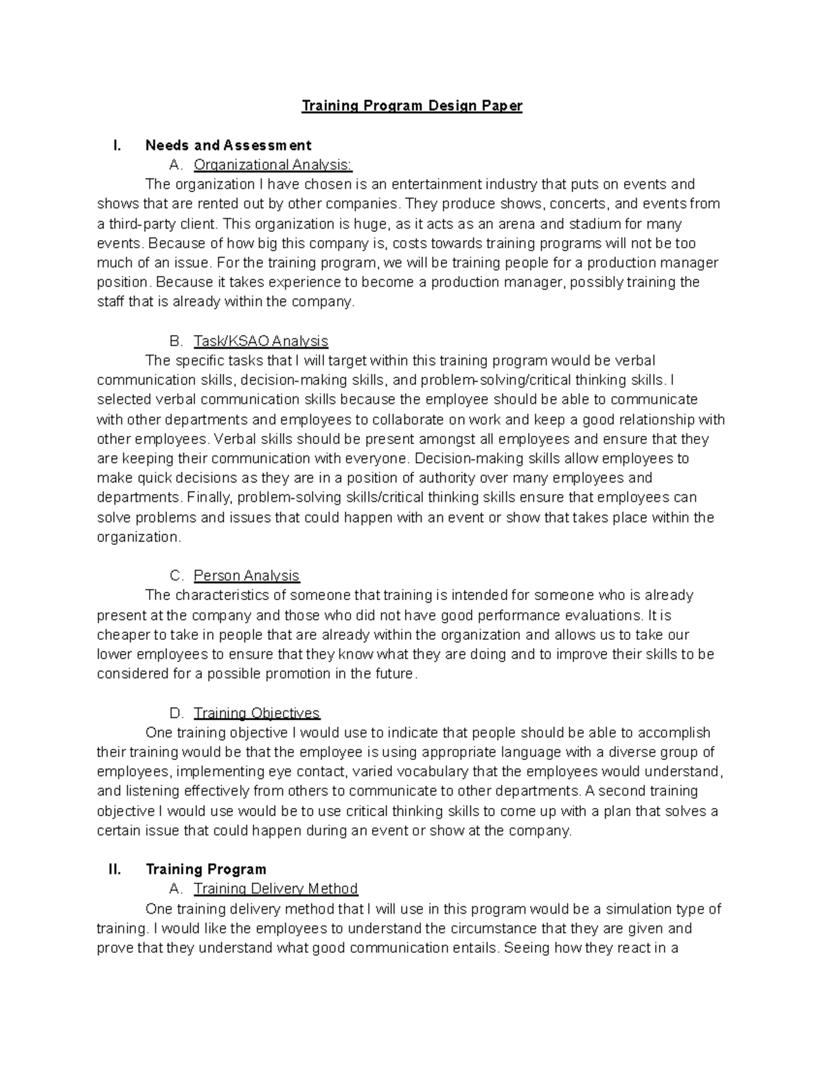 Application Assignment 3 - Training Program Design Paper I. Needs and ...
