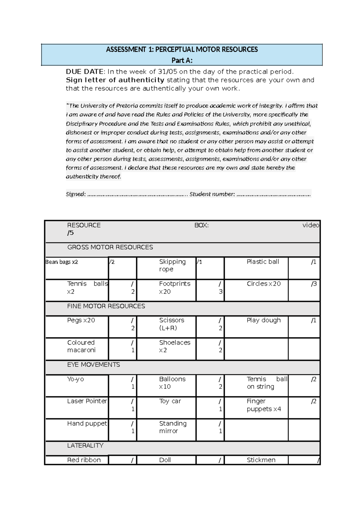 PMR video assessment. - PMR ASS - ASSESSMENT 1: PERCEPTUAL MOTOR ...