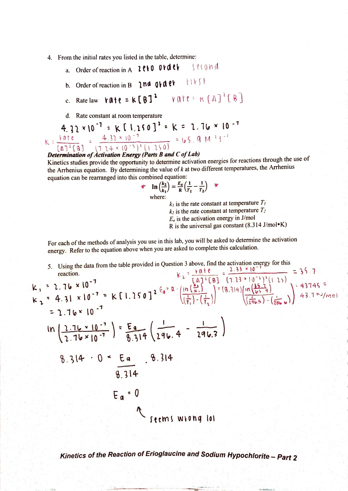 Lab 3: Kinetics of Erioglaucine with Sodium Hypochlorite Part 2 - 4 ...