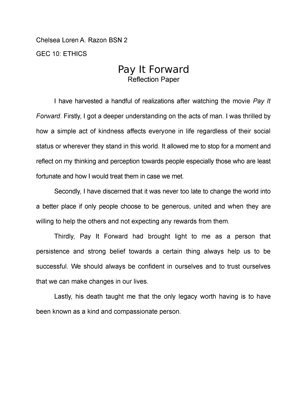 pay it forward reflection essay