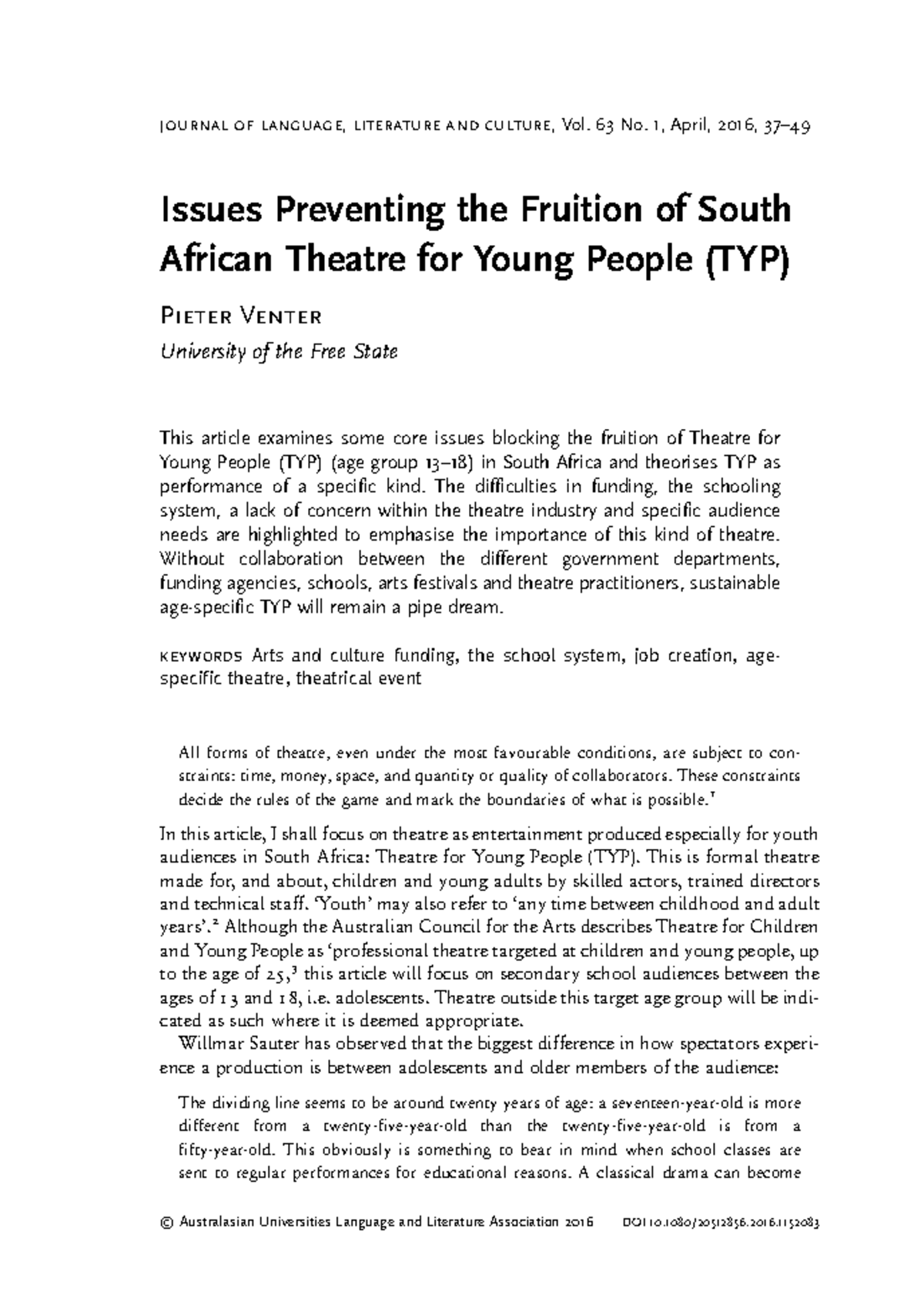 Issues Preventing the Fruition of South African Theatre for Young ...