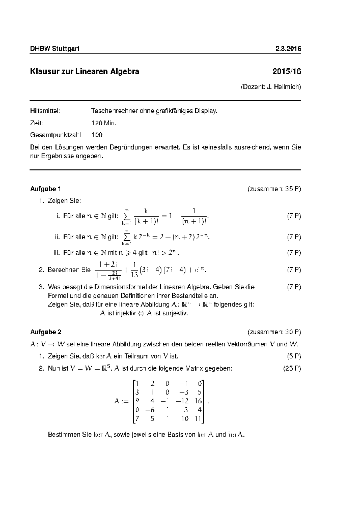 Lineare Algebra 1 Klausur Klausur 2015, Fragen und Antworten - Klausur zur Linearen Algebra 2015