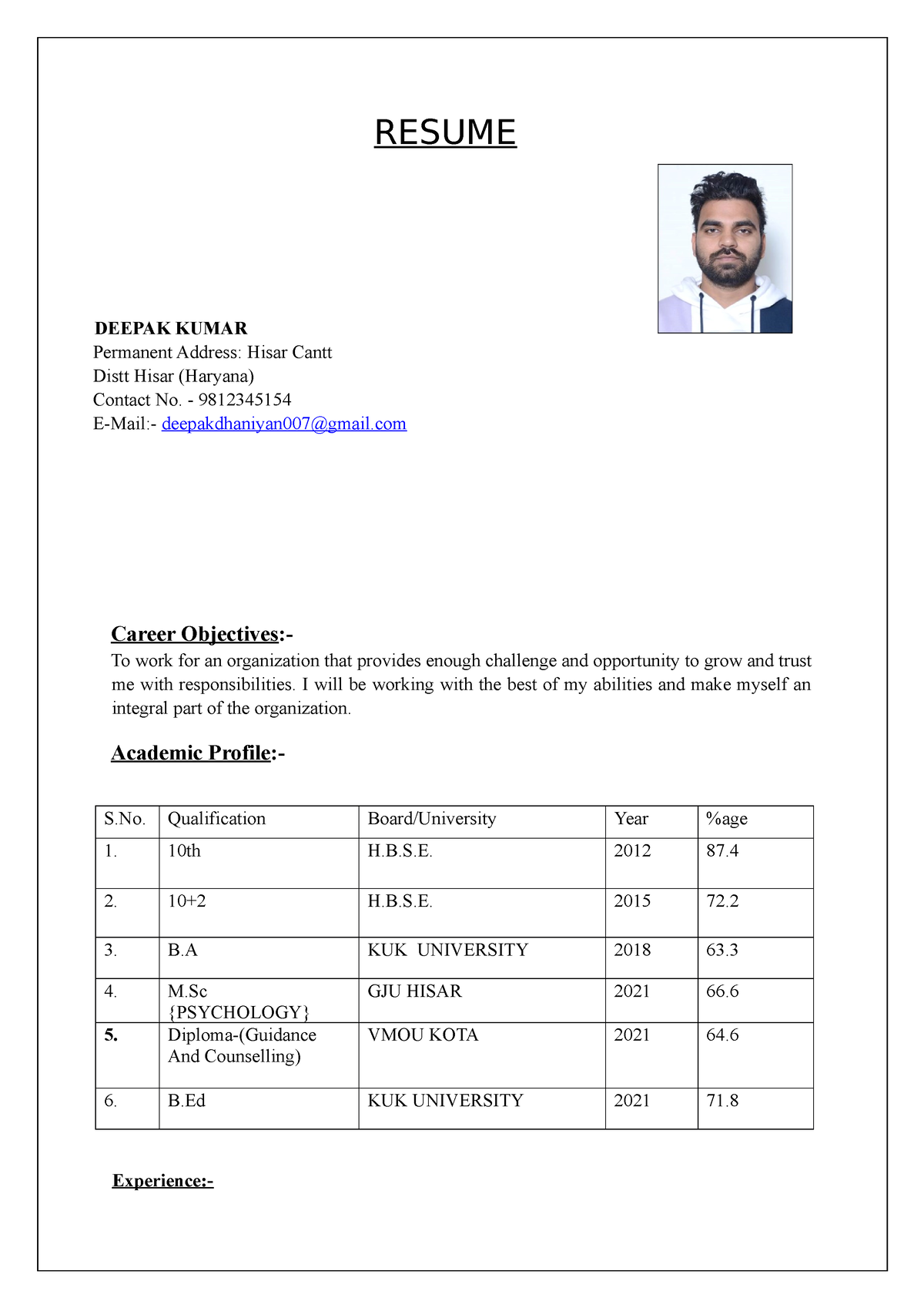 Deepak Kumar Resume - APPLIED PSYCHOLOGY - RESUME DEEPAK KUMAR ...