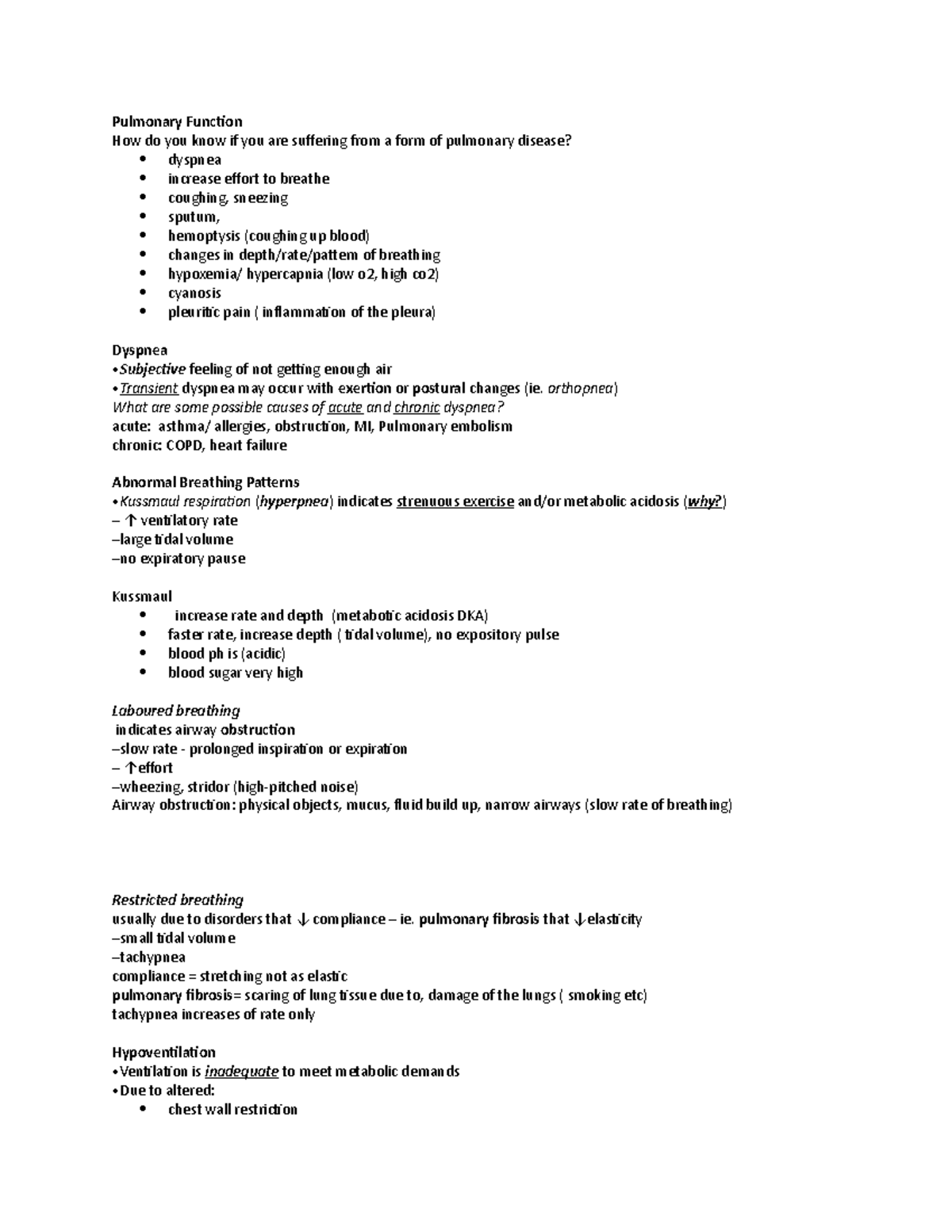 Pulmonary Function - notes - Pulmonary Function How do you know if you ...