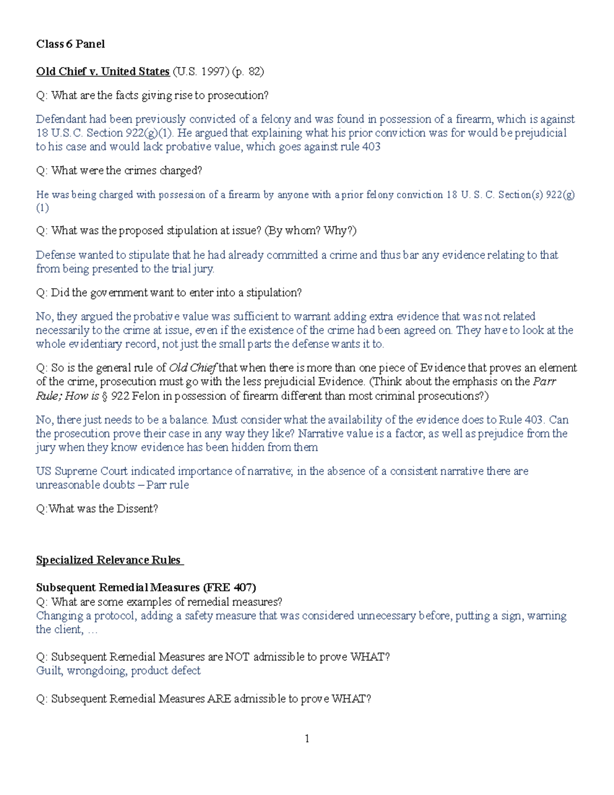 Class 6 Panel Notes - Class 6 Panel Old Chief v. United States (U. 1997 ...