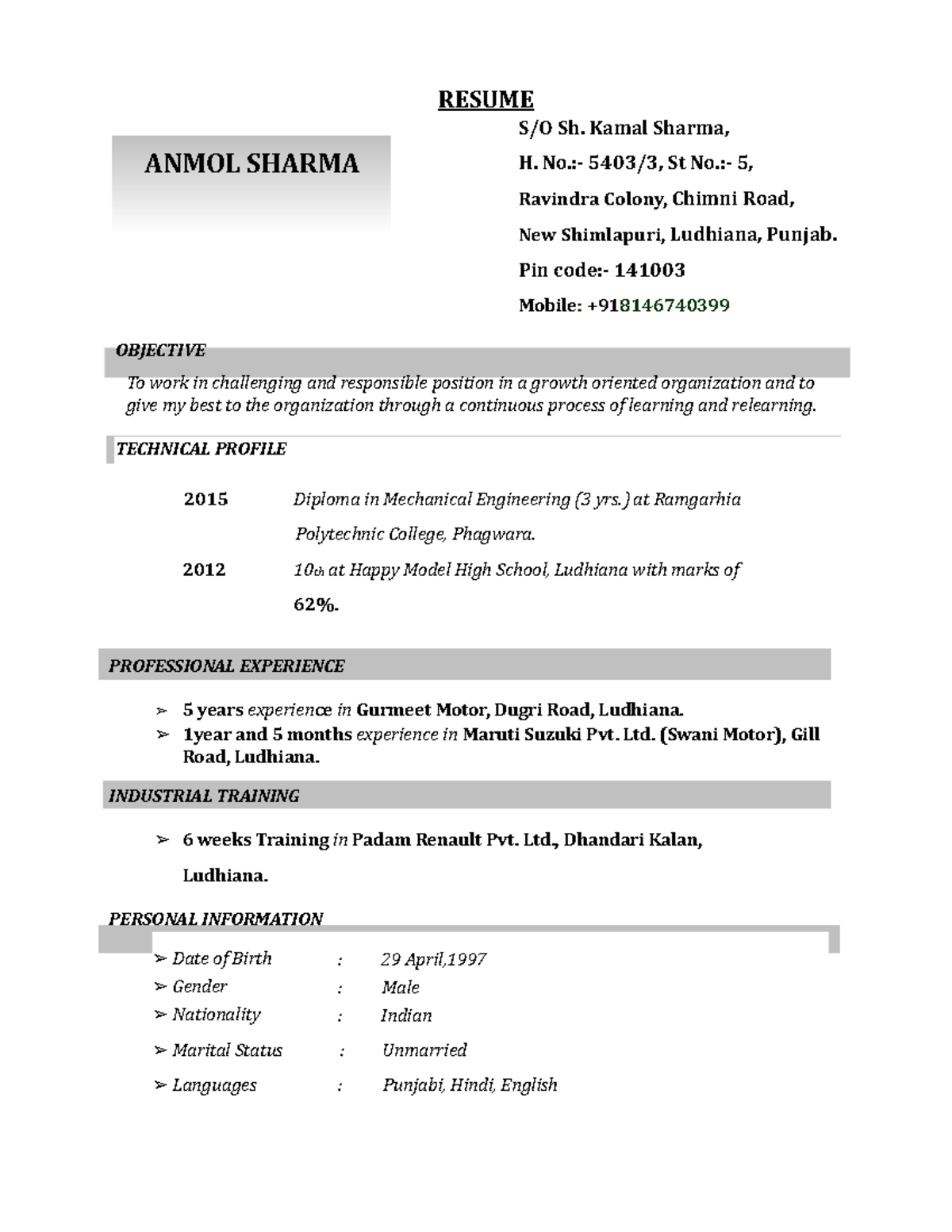 Anmol Sharma - Resume - RESUME ANMOL SHARMA S/O Sh. Kamal Sharma, H. No ...