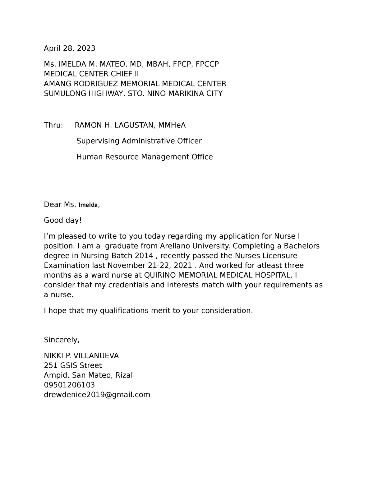 Letter OF Application - sdadasdasd - April 28, 2023 Ms. IMELDA M. MATEO ...