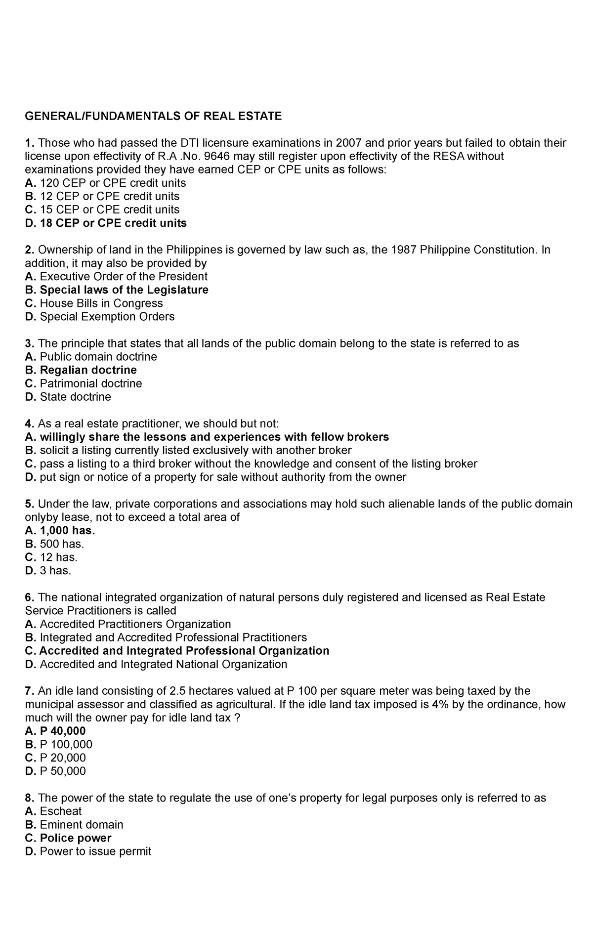 3 REB Practice Questions - GENERAL/FUNDAMENTALS OF REAL ESTATE Those ...