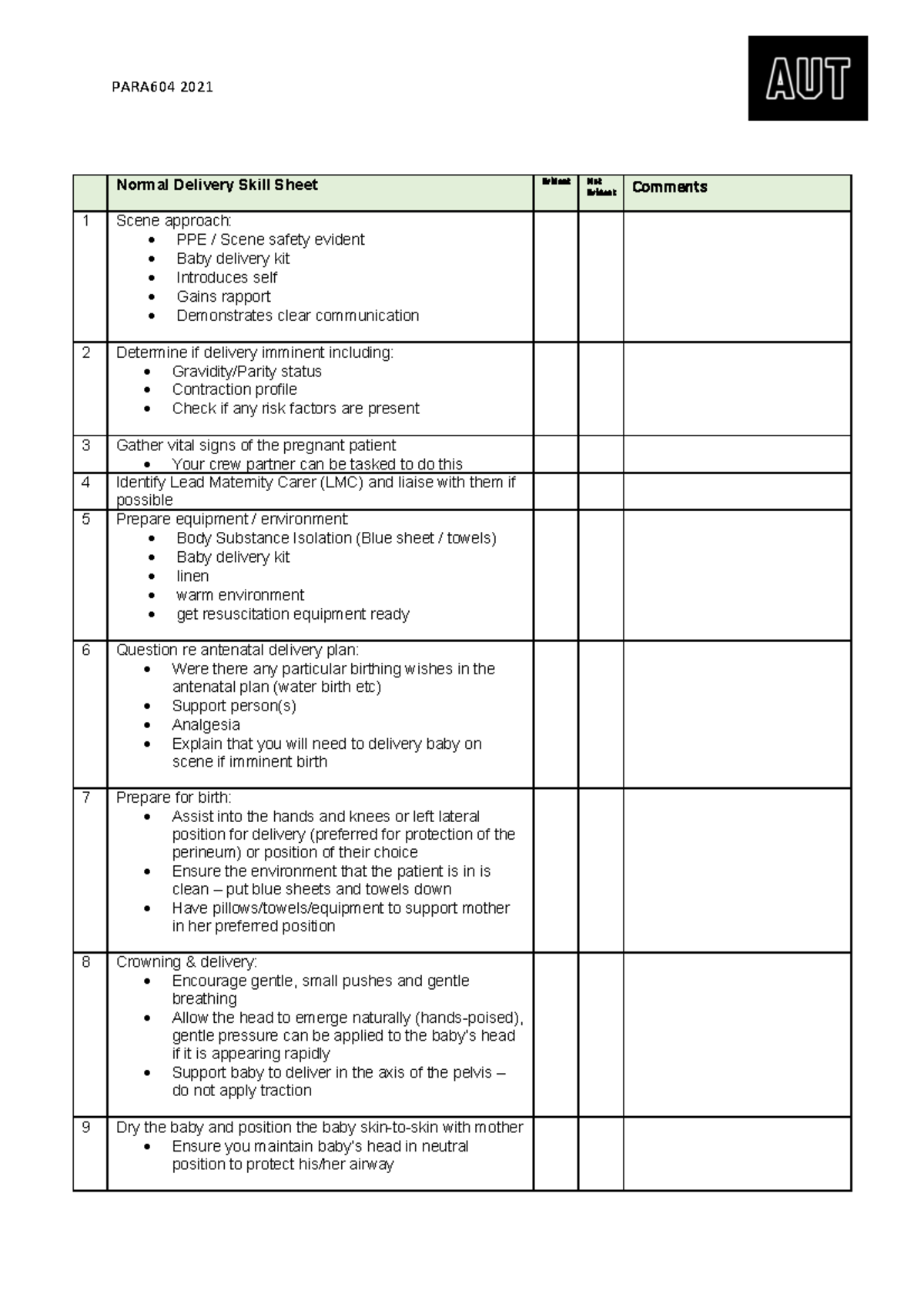 Normal Delivery and Neonatal resuscitation skills sheets - PARA604 2021 ...