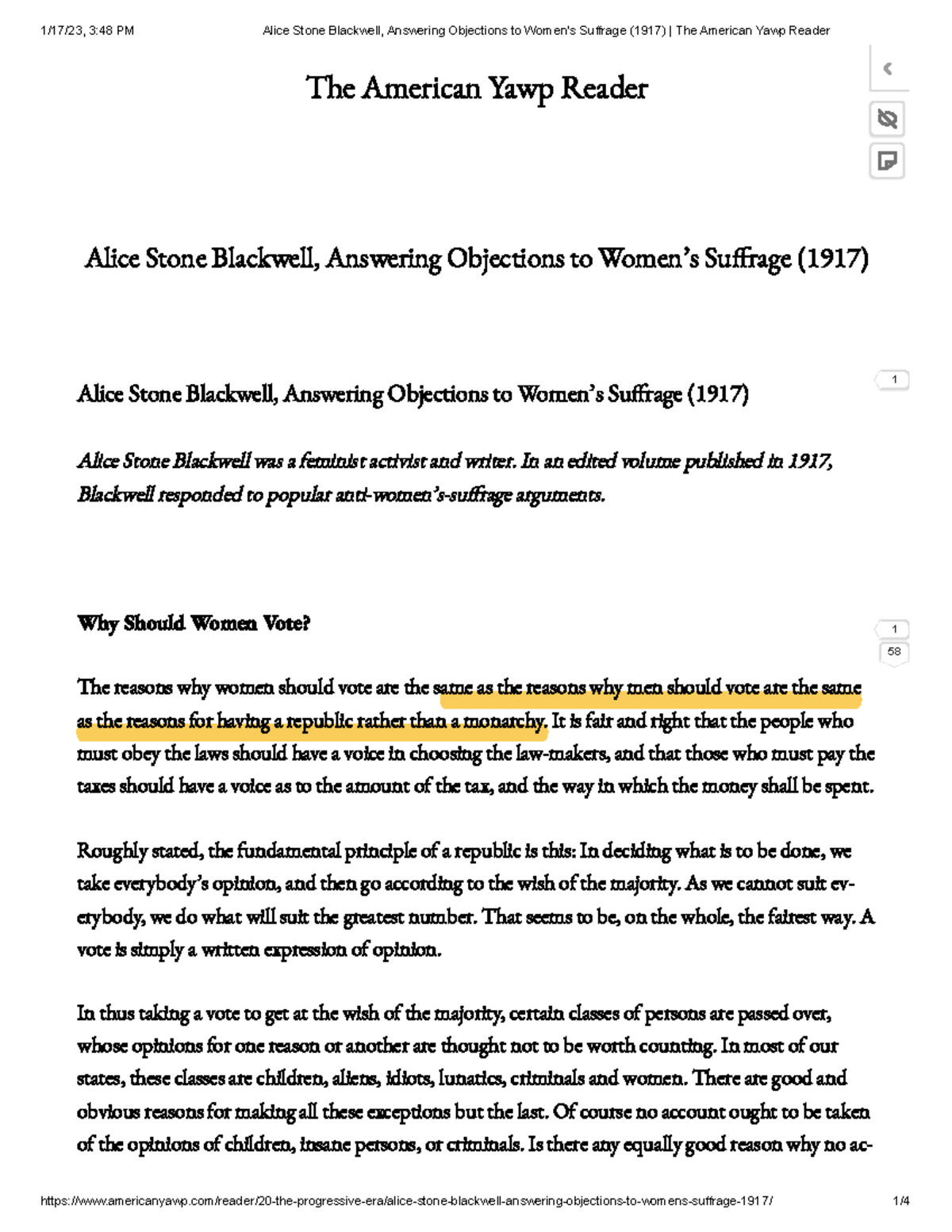 Alice Stone Blackwell, Answering Objections to Women’s Suffrage (1917 ...