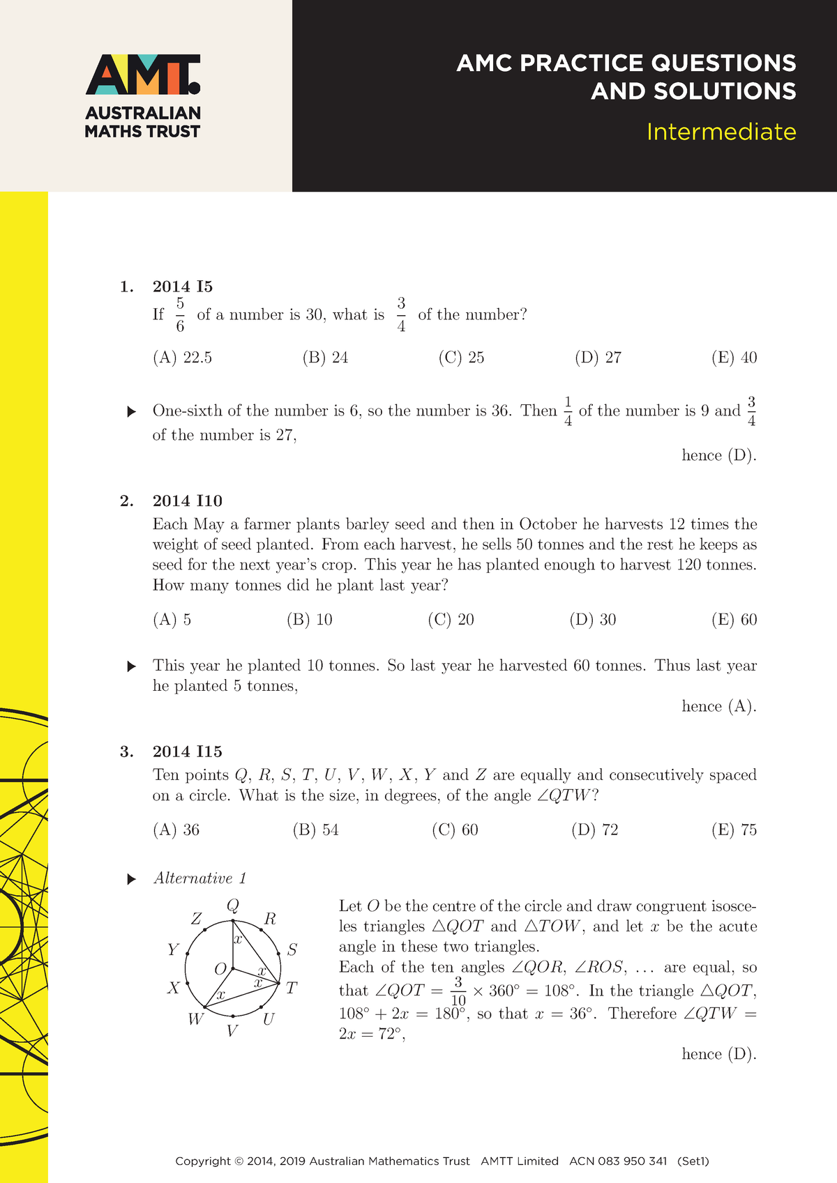 AMC practice problems solutions Set1 Intermediate yr9 10 1. 2014 I If