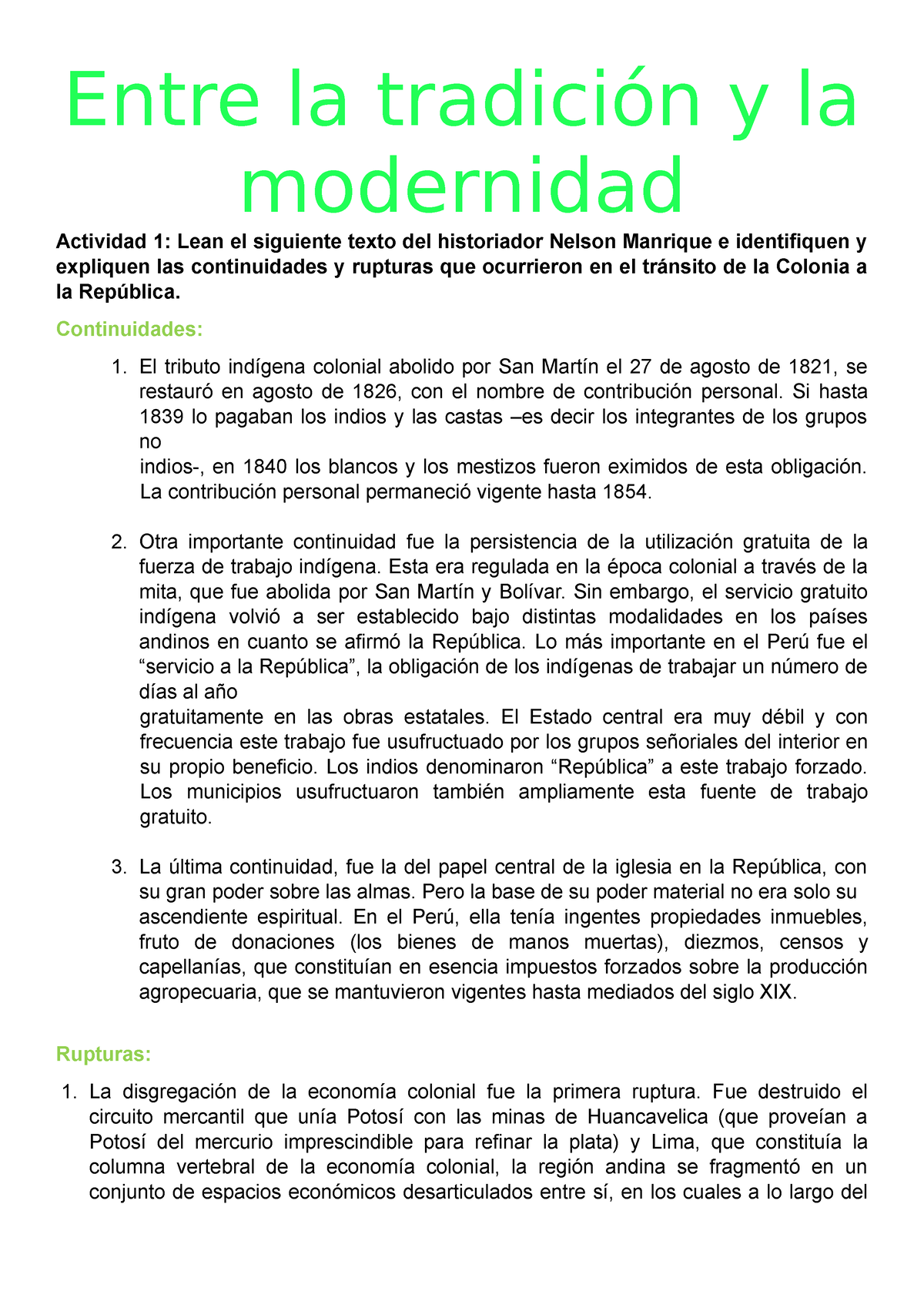 Entre LA Tradición Y LA Modernidad, Trabajo Grupal - Entre La Tradición ...