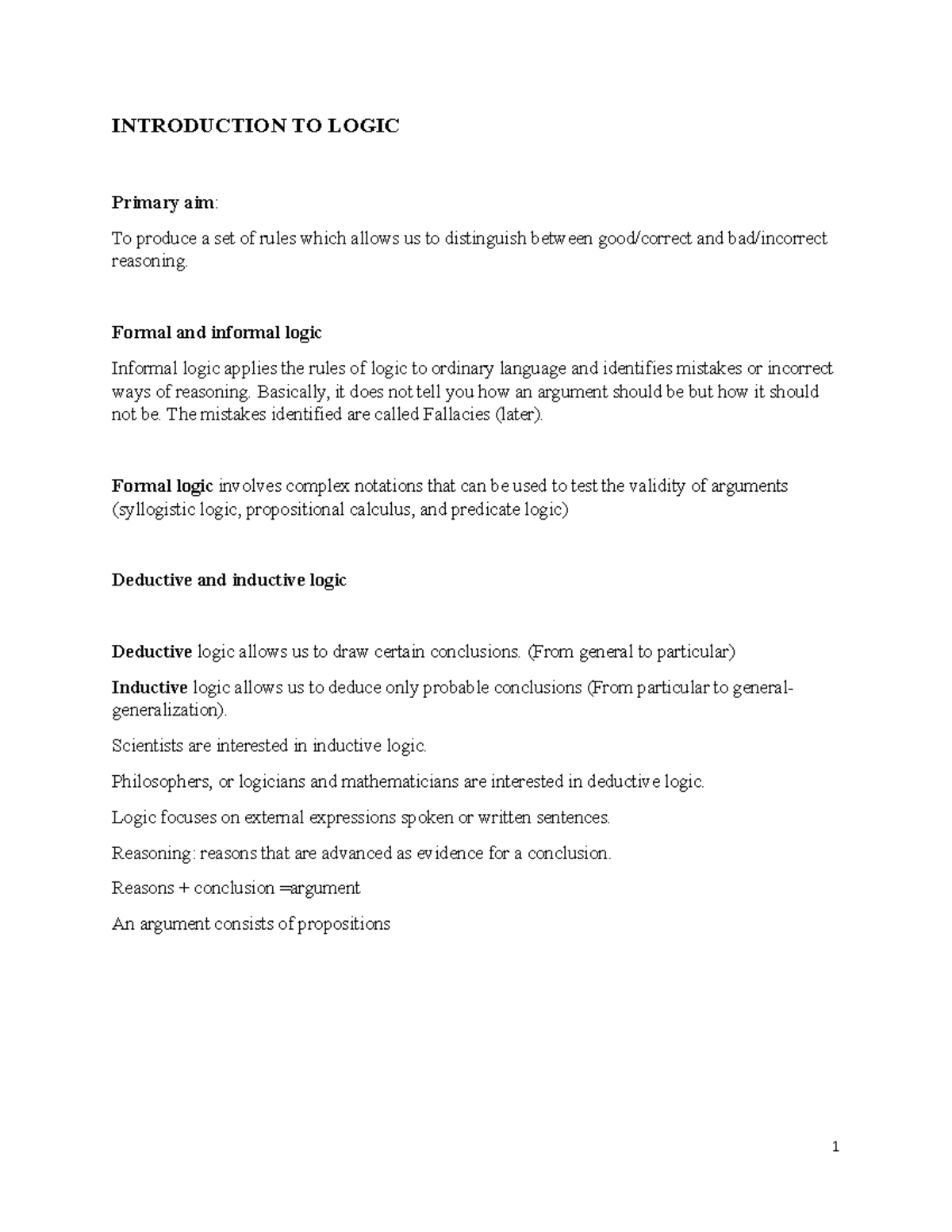 Introduction to logic at the UNZA - INTRODUCTION TO LOGIC Primary aim ...