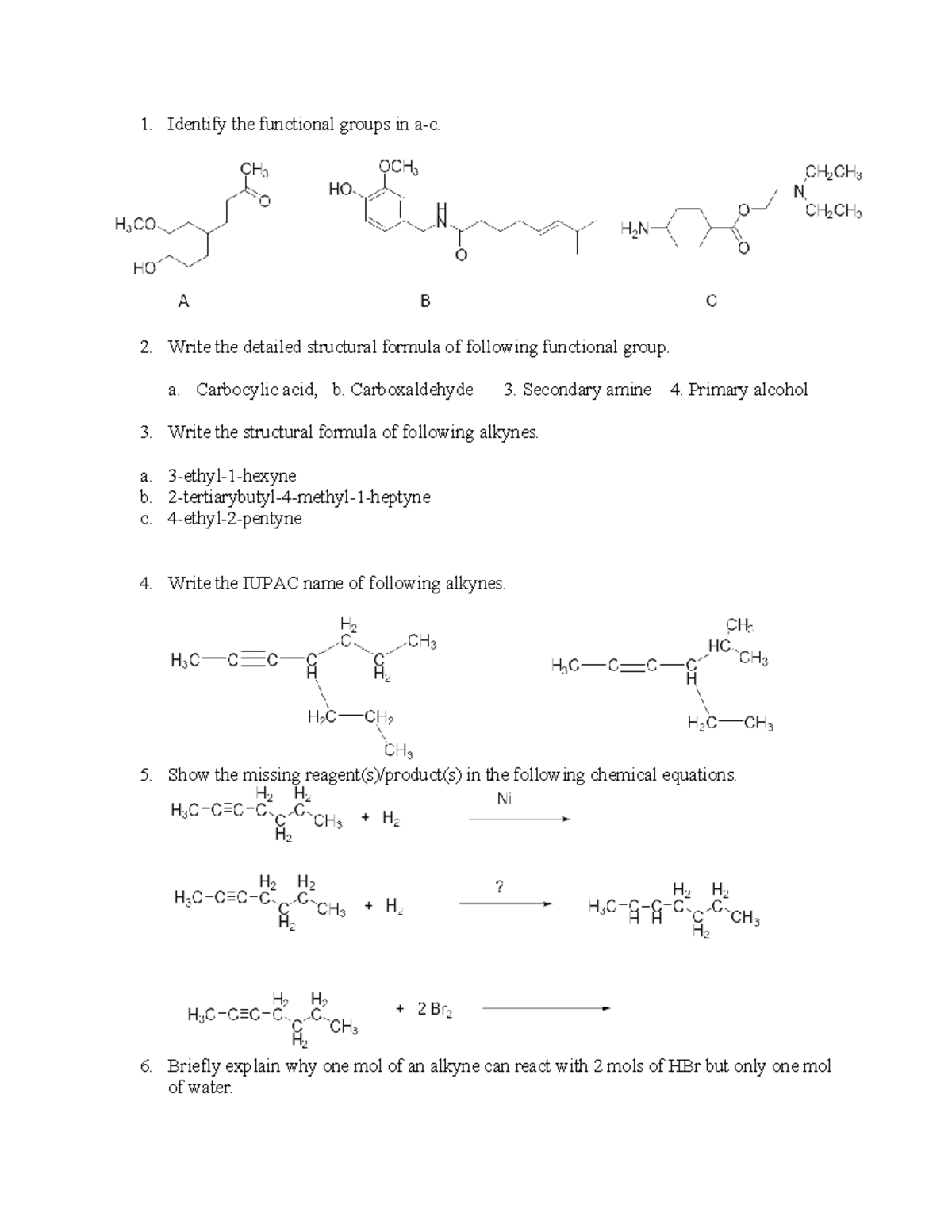 Tutorial-alkynes-fg - practice questions - Identify the functional ...