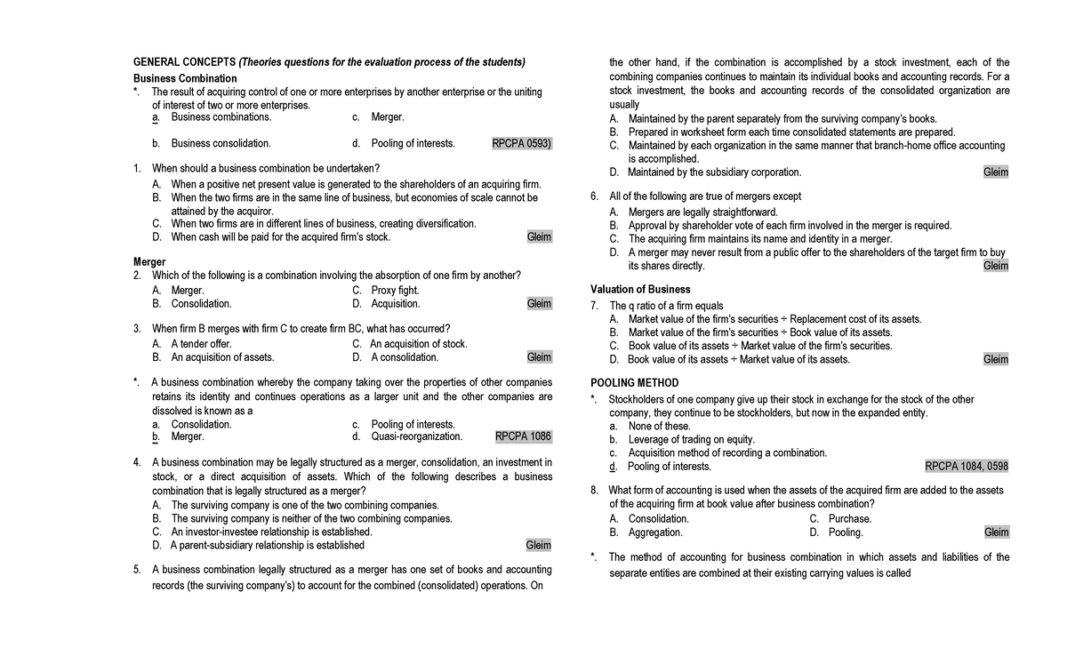 Theories in Business Combination With Answers in Explanation GENERAL