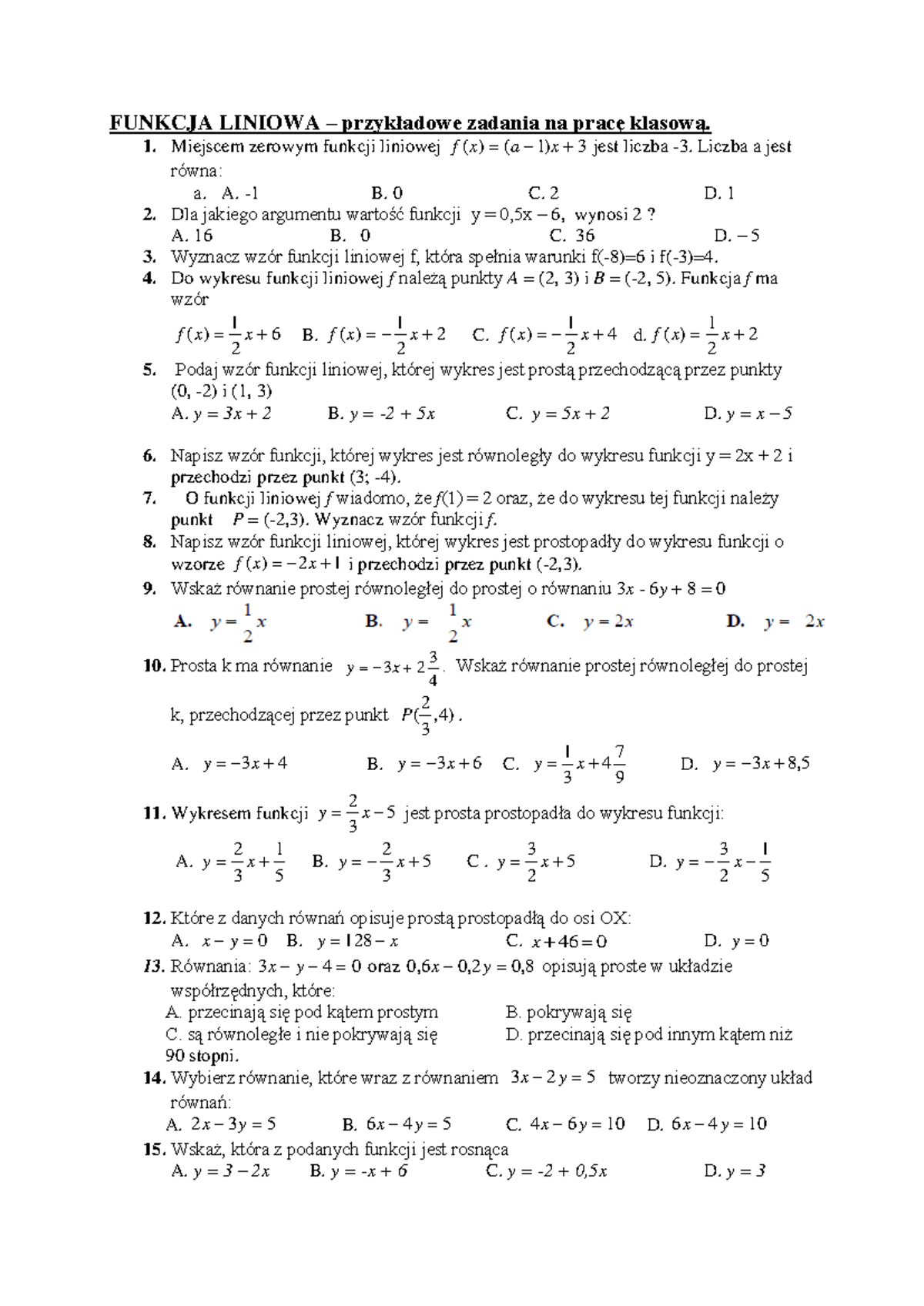 Funkcja I Jej Własności 1 Technikum Sprawdzian www.studocu.com