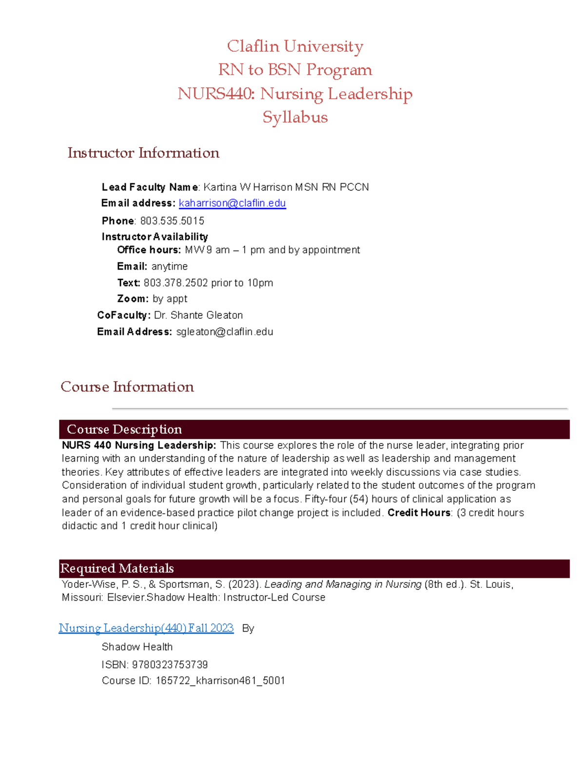 Spring 2324 NURS440 Leadership Claflin University RN to BSN Program