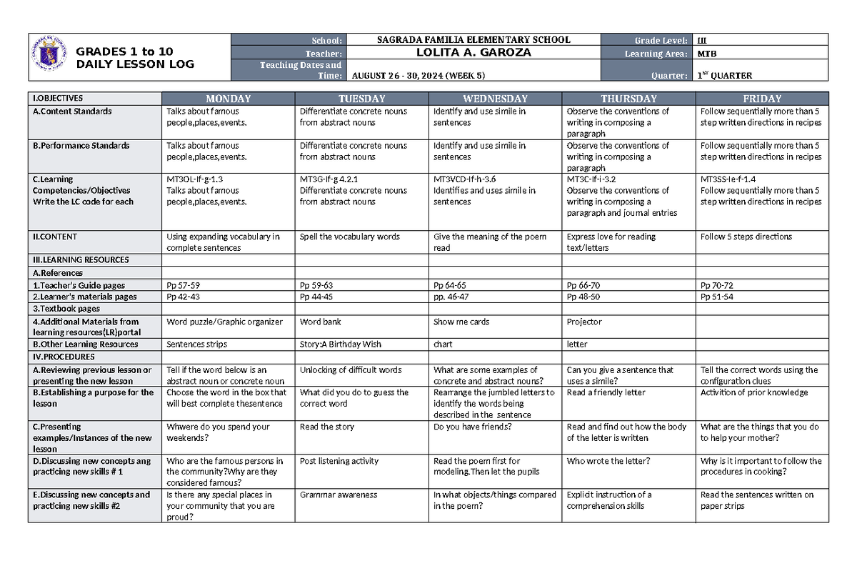 DLL MTB 3 Q1 W5 - dll - GRADES 1 to 10 DAILY LESSON LOG School: SAGRADA ...
