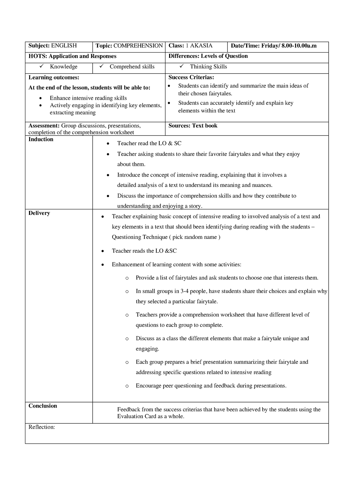 Lesson Plan Comprehension - Subject: ENGLISH Topic: COMPREHENSION Class ...