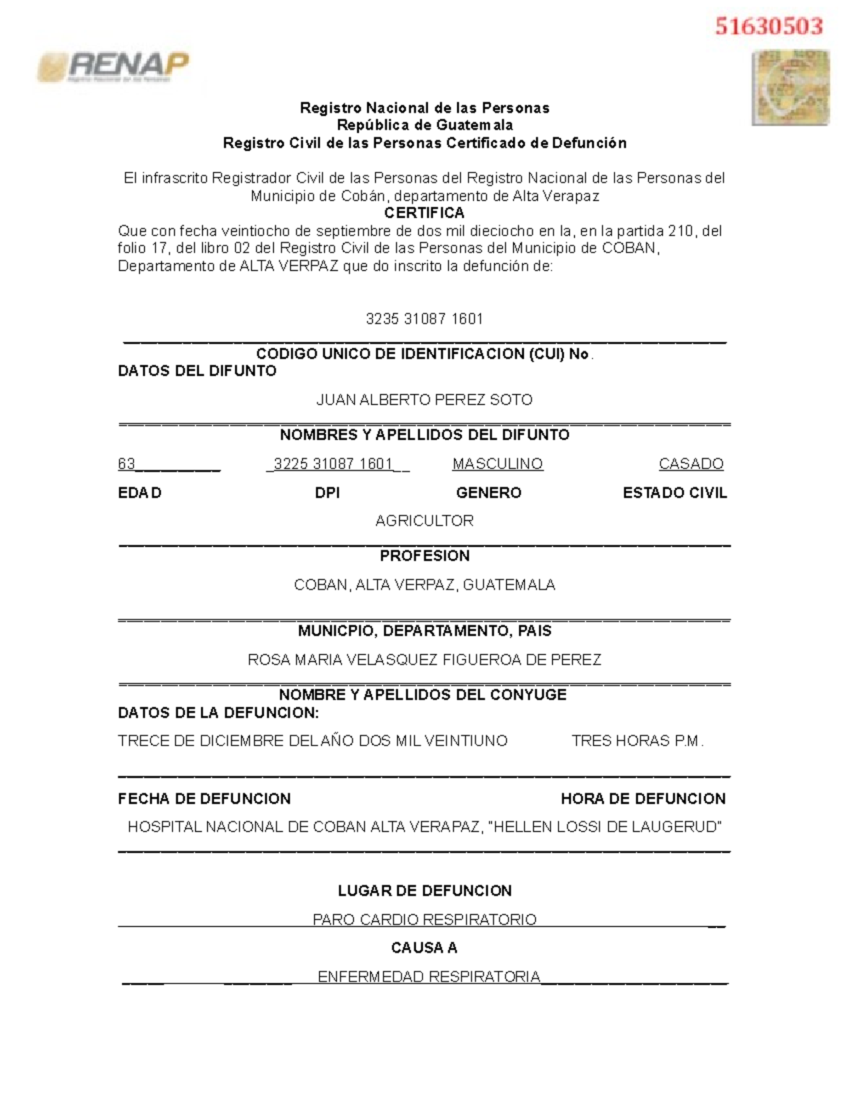 Certificado DE Defuncion Registro Nacional de