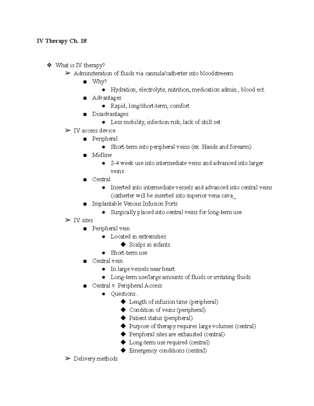 IV Therapy Notes IV Therapy Ch. 18 What is IV therapy? Adminsteration