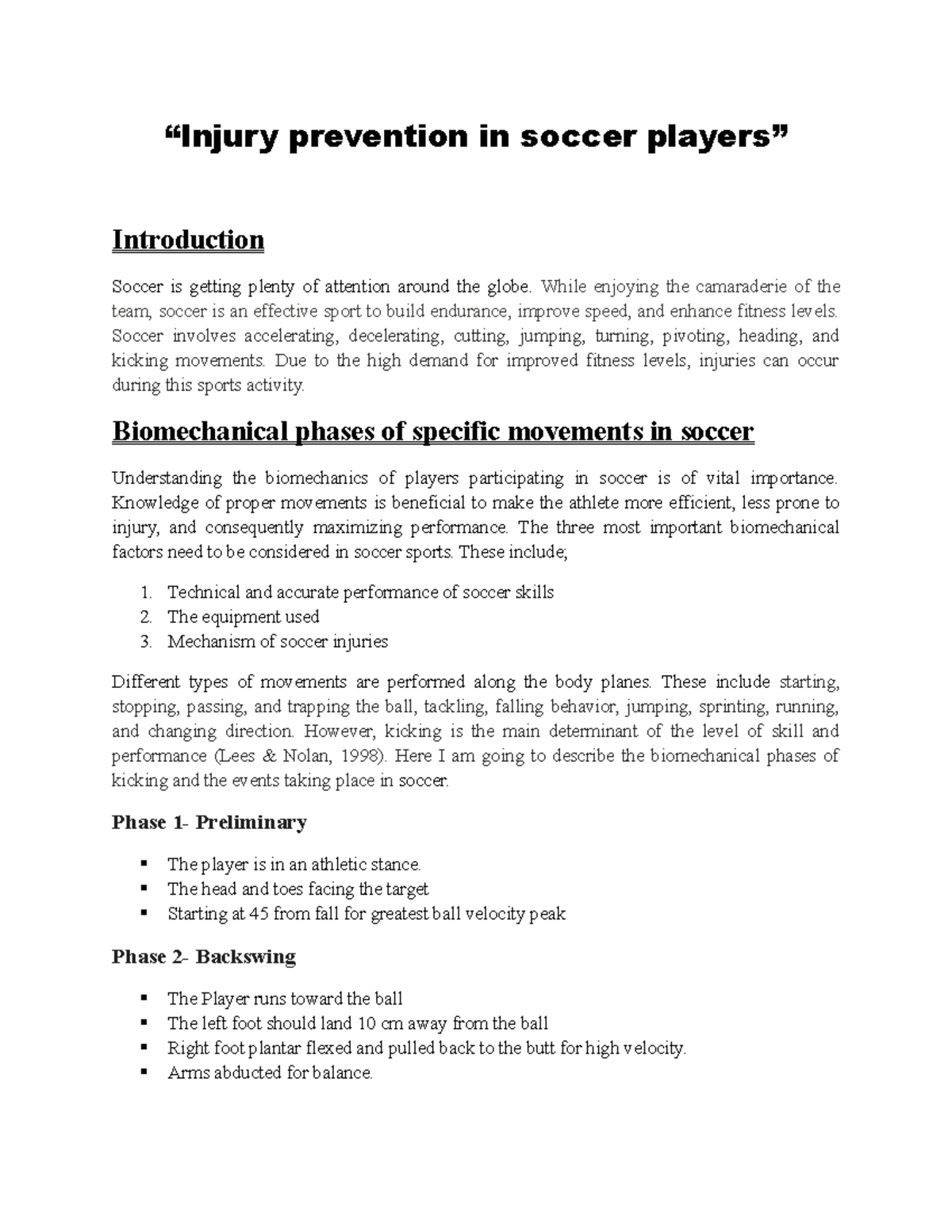 Soccer Article “Injury prevention in soccer players” Introduction