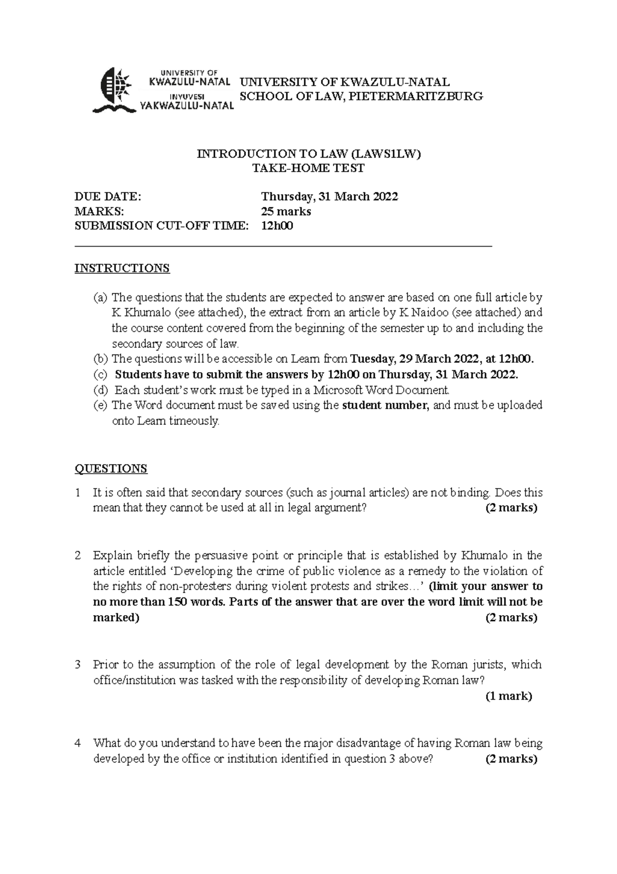 Main assessment 1- Assignment (version 2) - UNIVERSITY OF KWAZULU-NATAL ...