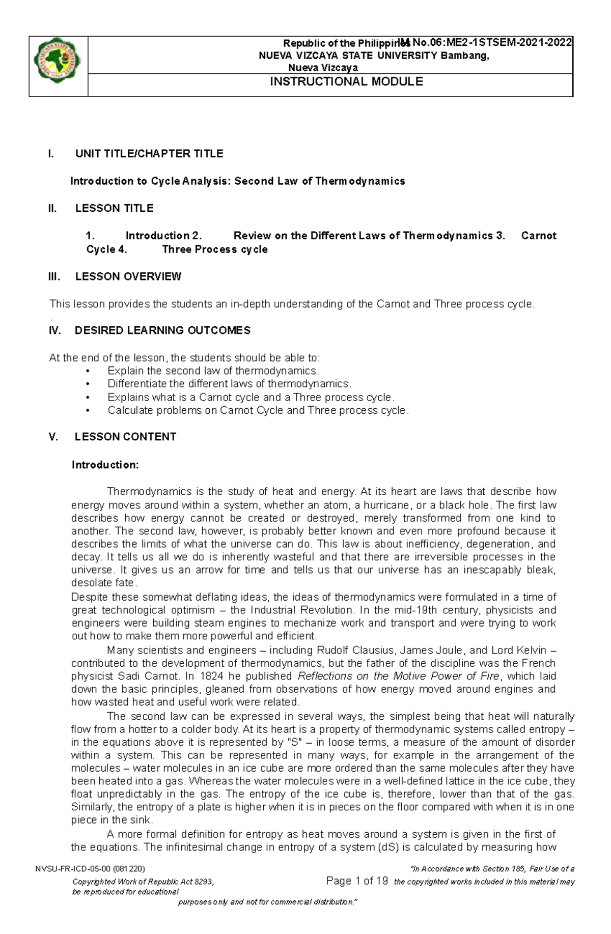 Thermo 1 Module 6 - I. UNIT TITLE/CHAPTER TITLE Introduction to Cycle ...