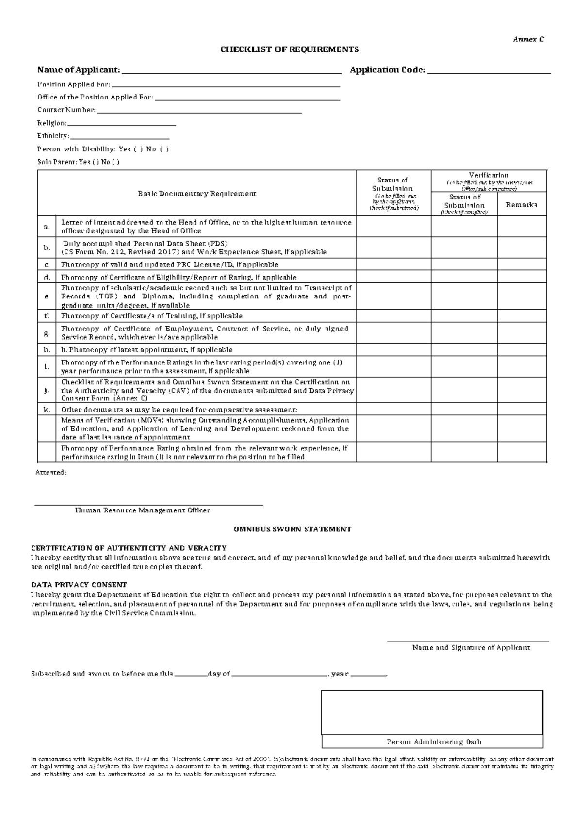 Annex C Checklist of Requirements and Omnibus Sworn Statement