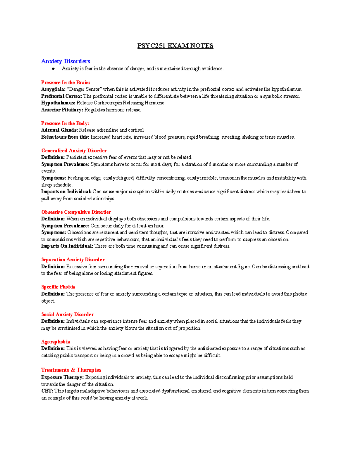 PSYC251 EXAM Notes - PSYC251 EXAM NOTES Anxiety Disorders Anxiety is ...