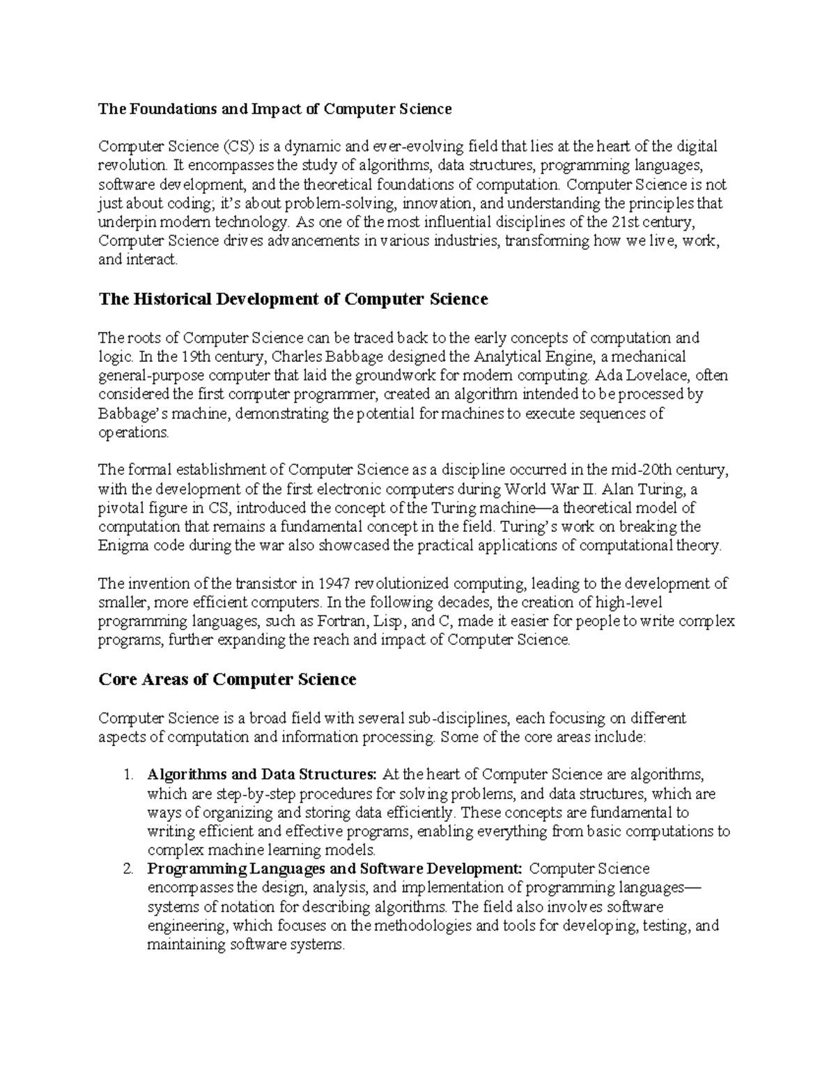 Computer Science - Nursing - The Foundations and Impact of Computer ...