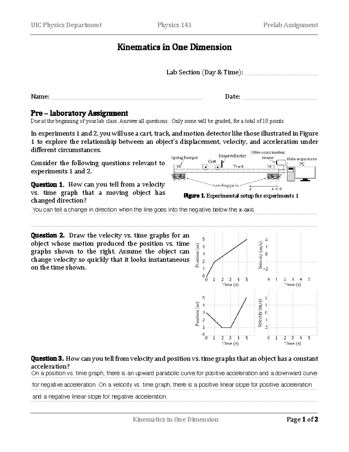 PHYS141 Prelab 2 UIC Physics Department Physics 141 Prelab