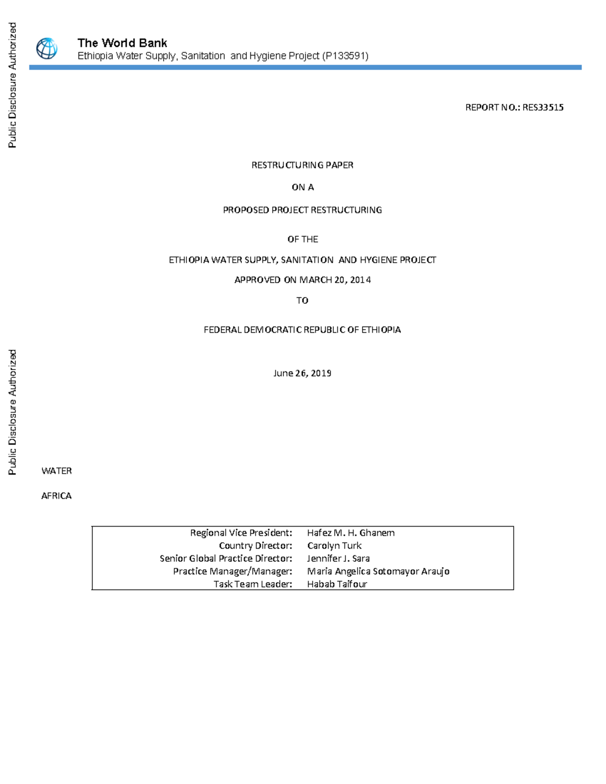 Disclosable Restructuring Paper Ethiopia Water Supply Sanitation and ...