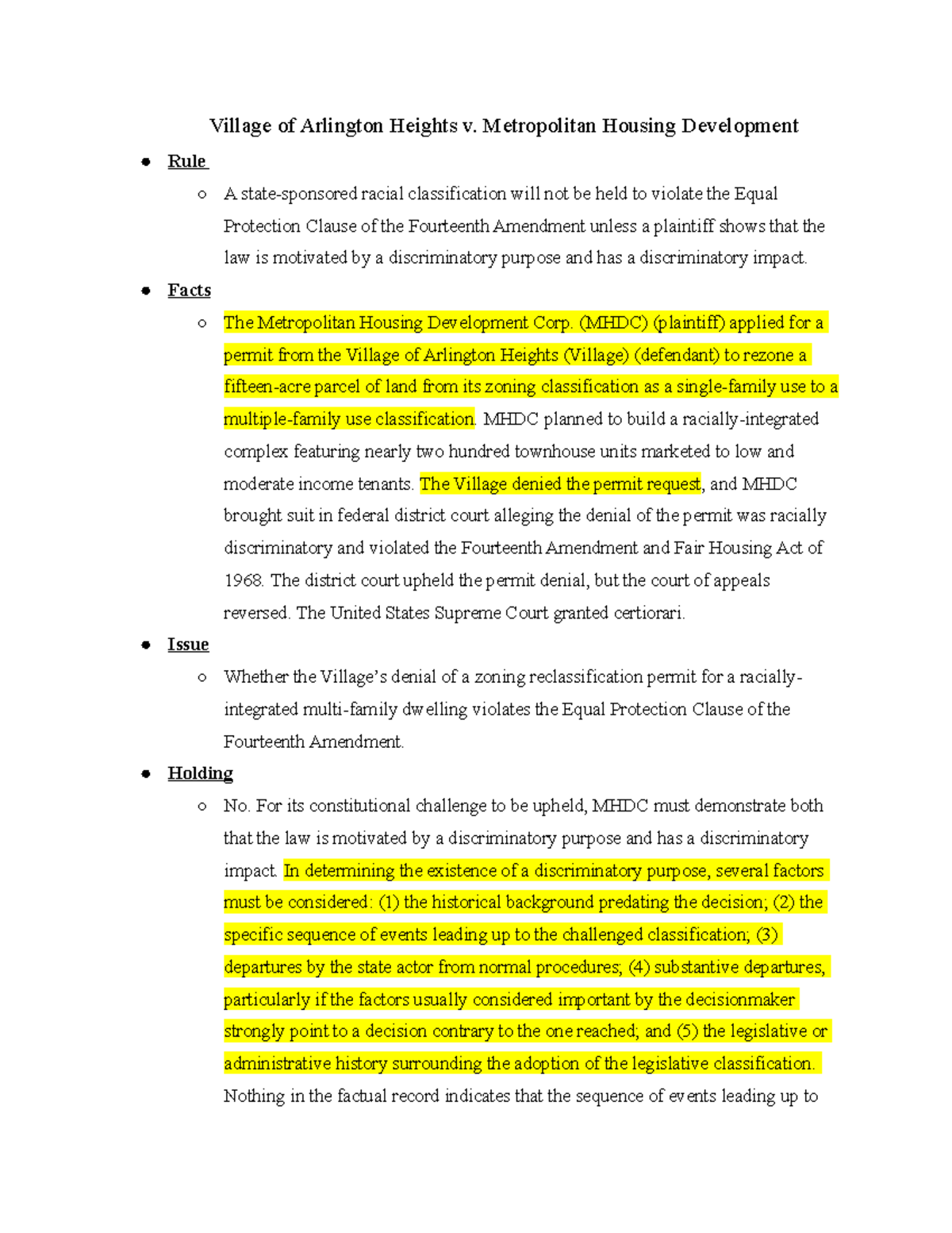 Con Law II Village of Arlington Heights v. Metropolitan Housing