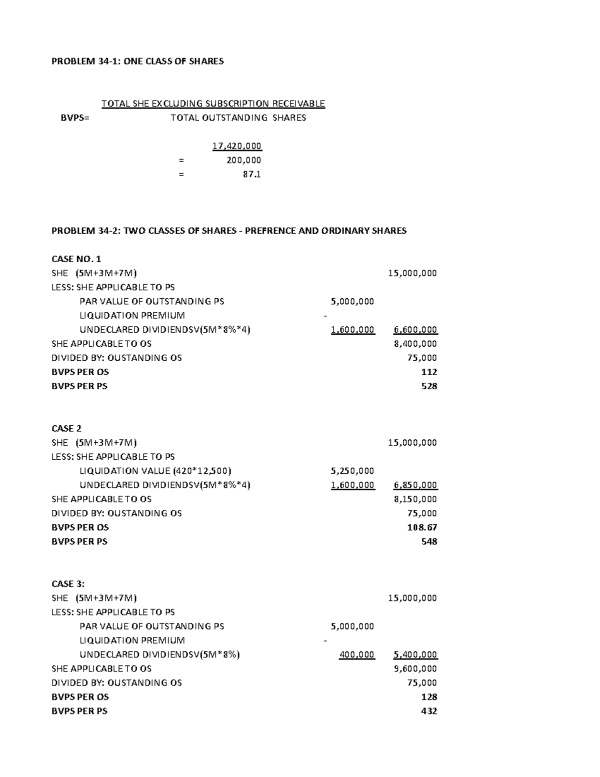 Book1 - PROBLEM 34-1: ONE CLASS OF SHARES TOTAL SHE EXCLUDING ...