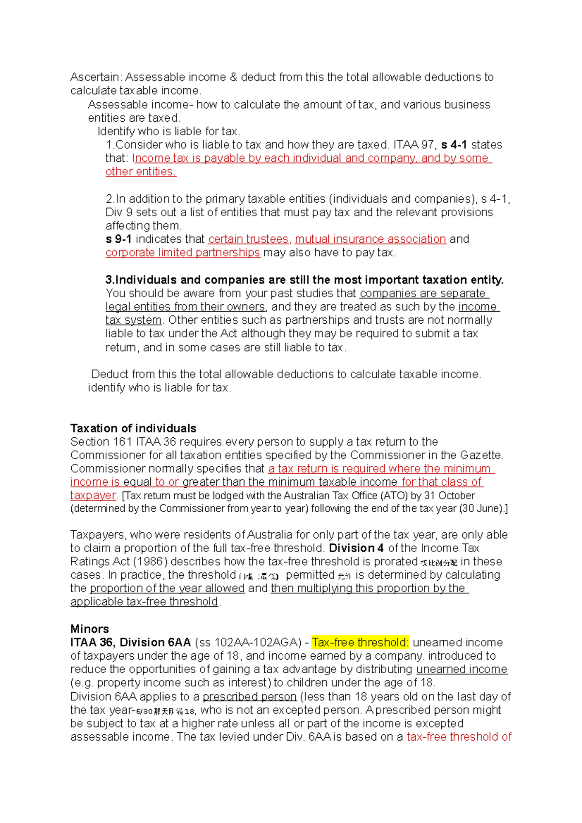 MLC 301 Topic 1 - Ascertain: Assessable income deduct from this the ...