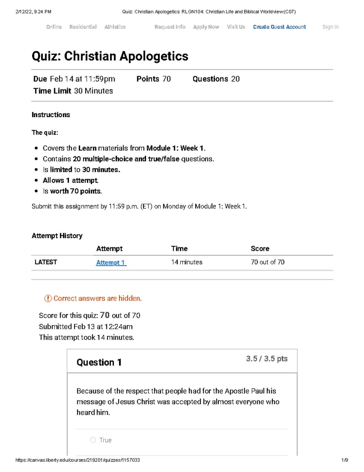 Quiz Christian Apologetics RLGN104 Christian Life and Biblical ...