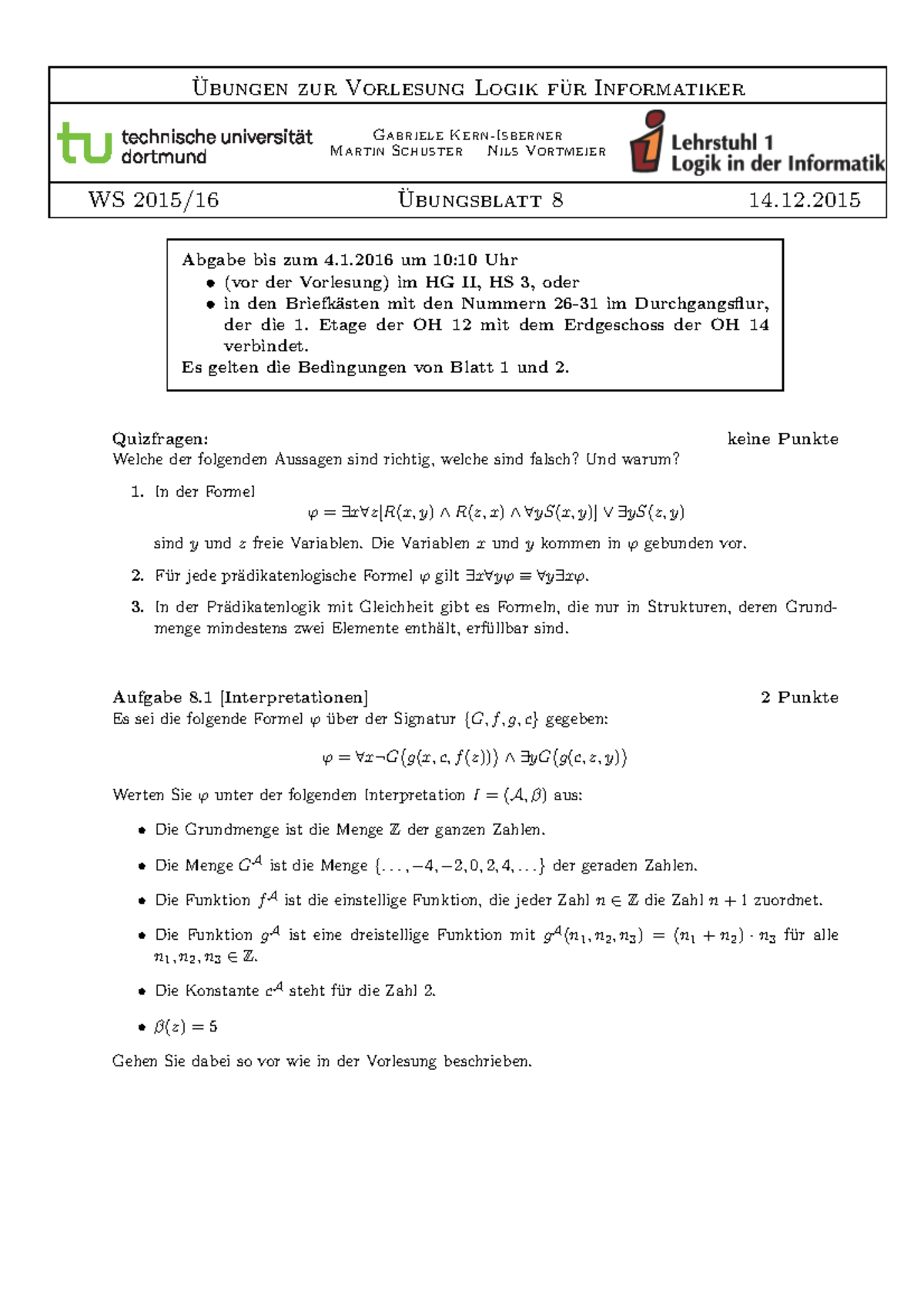 Blatt 08 Ubung Zur Vorlesung Logik Fur Informatiker Studocu